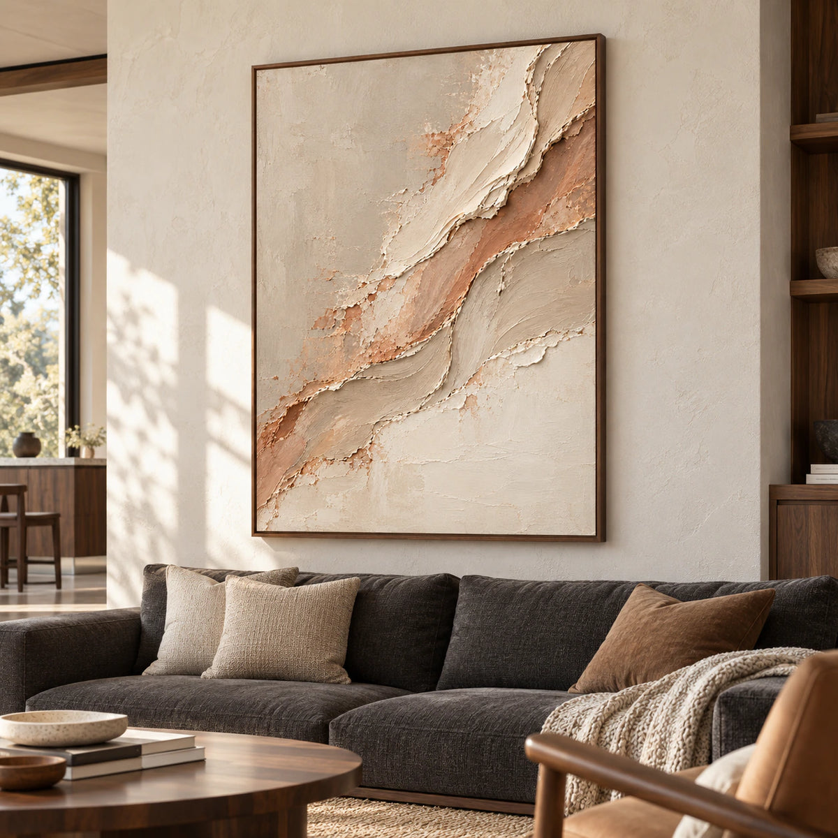 Large vertical artwork displayed above a restrained charcoal sofa in a bright living room with open daylight and pale plaster walls.