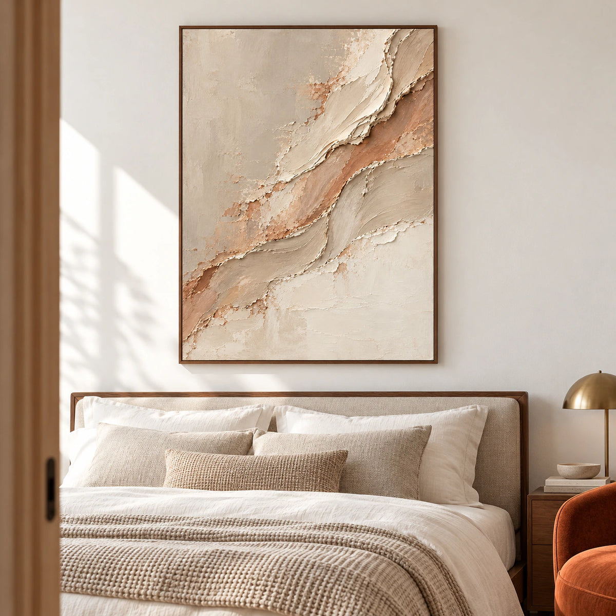 Large artwork above a low walnut bed in a quiet, bright bedroom with crisp linen and soft natural light.