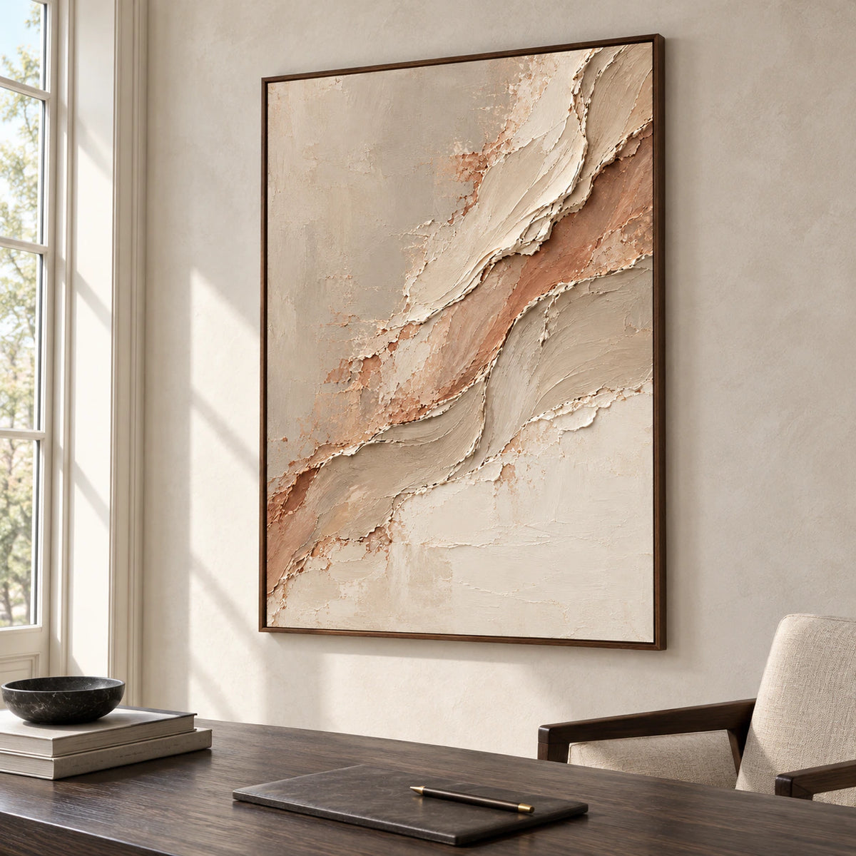 Vertical painting displayed prominently in an airy home office with a simple desk, light walls and daylight from the side.