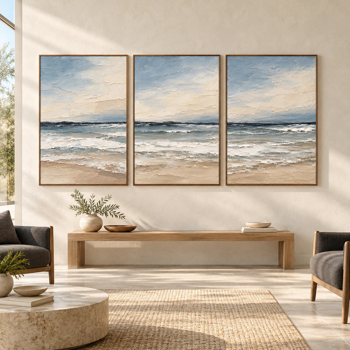 Large straight-on gallery interior with the Seafoam-Interval three-canvas coastal triptych in slim walnut frames.