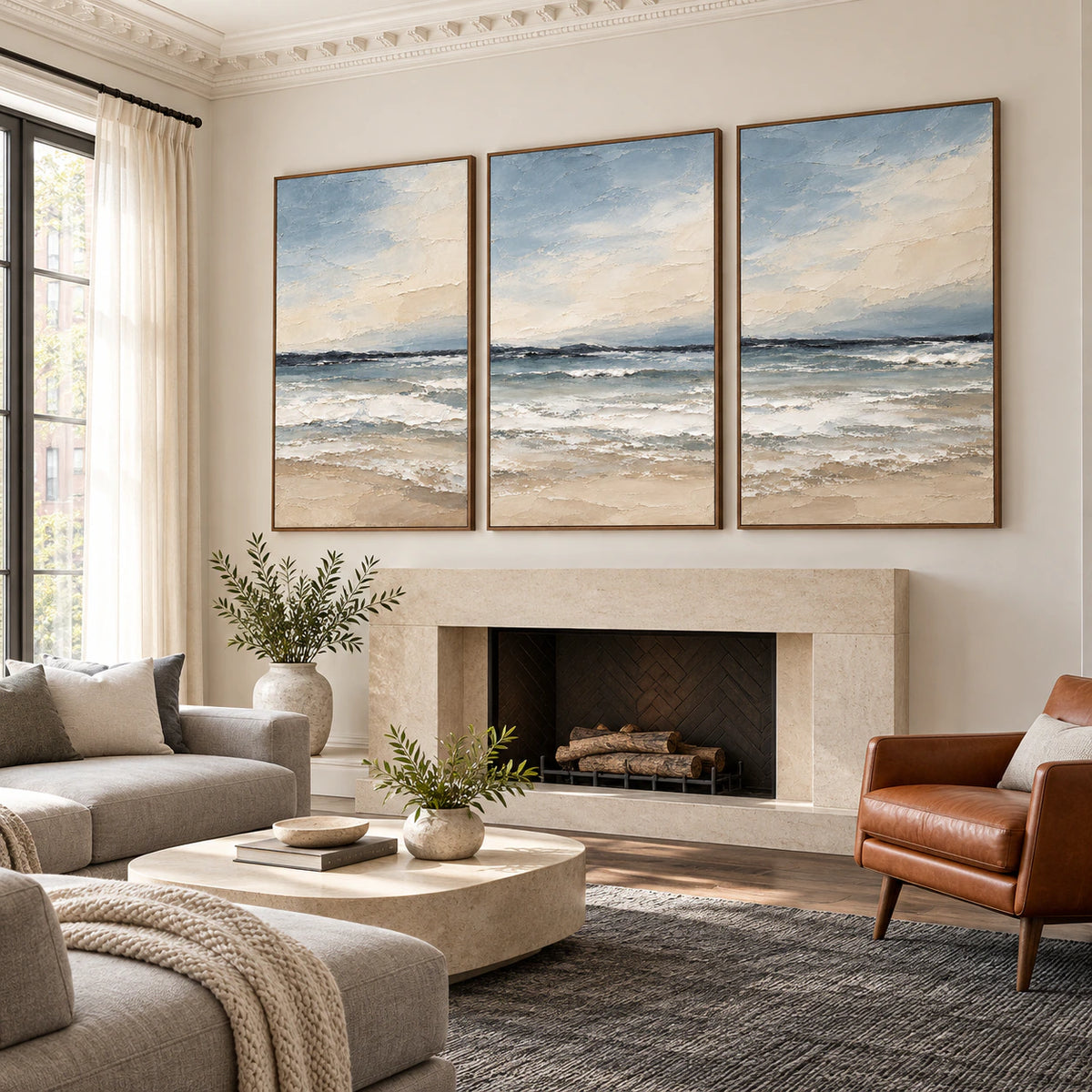 Bright living room featuring the Seafoam-Interval three-canvas triptych above a sculptural sofa.