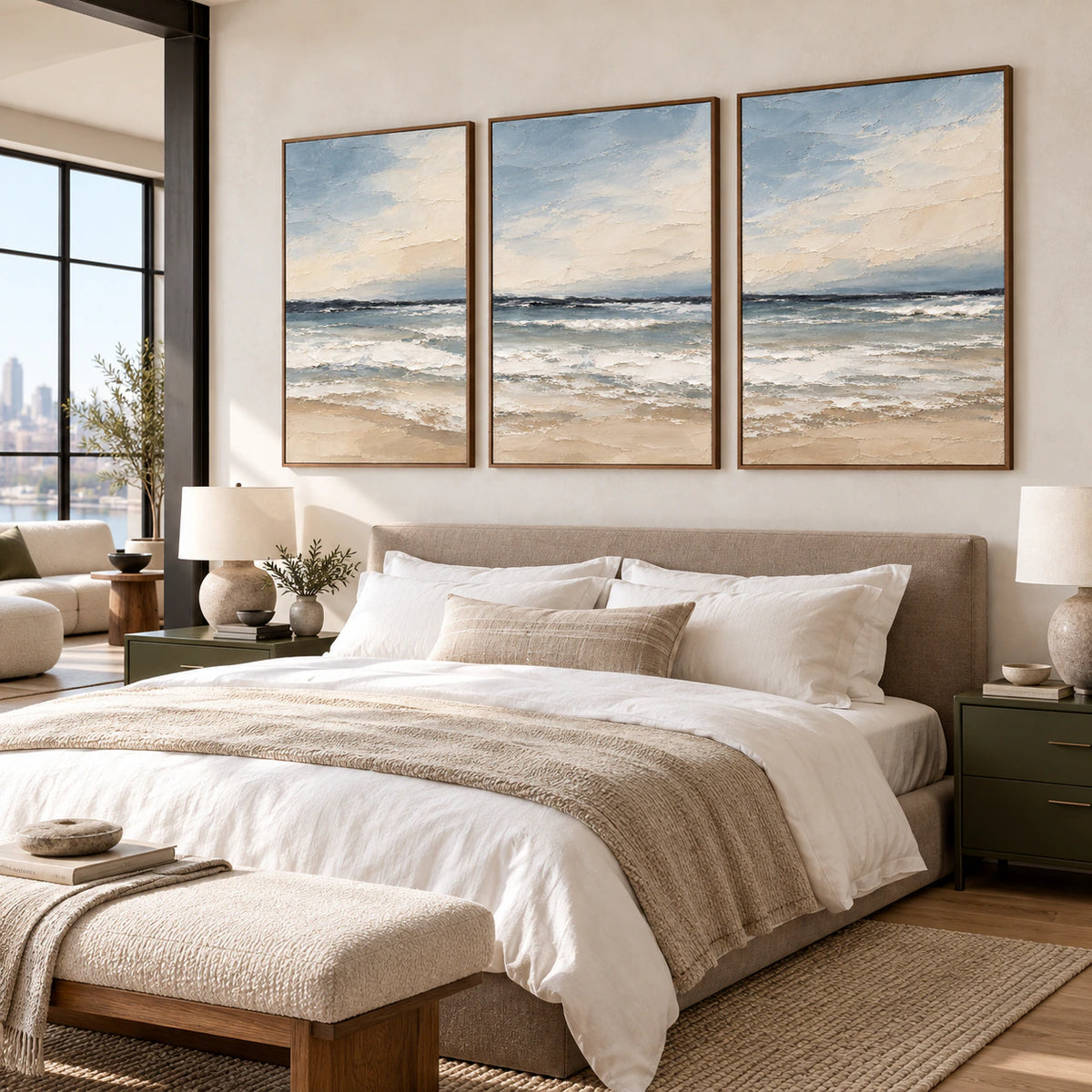 Quiet bedroom with the Seafoam-Interval three-canvas triptych as the focal point.
