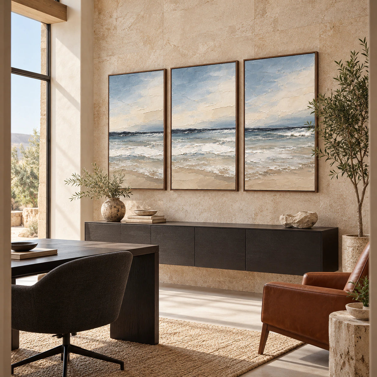 Airy reading office with the Seafoam-Interval coastal triptych above a low credenza.