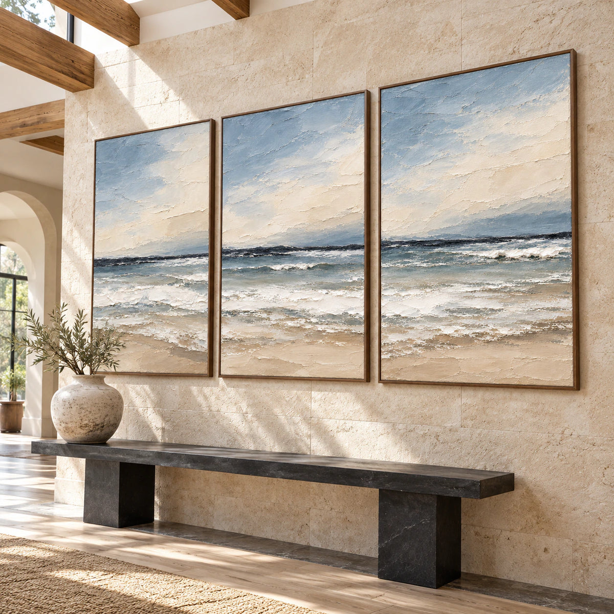 Gallery-scale foyer featuring the Seafoam-Interval triptych in a bright architectural setting.