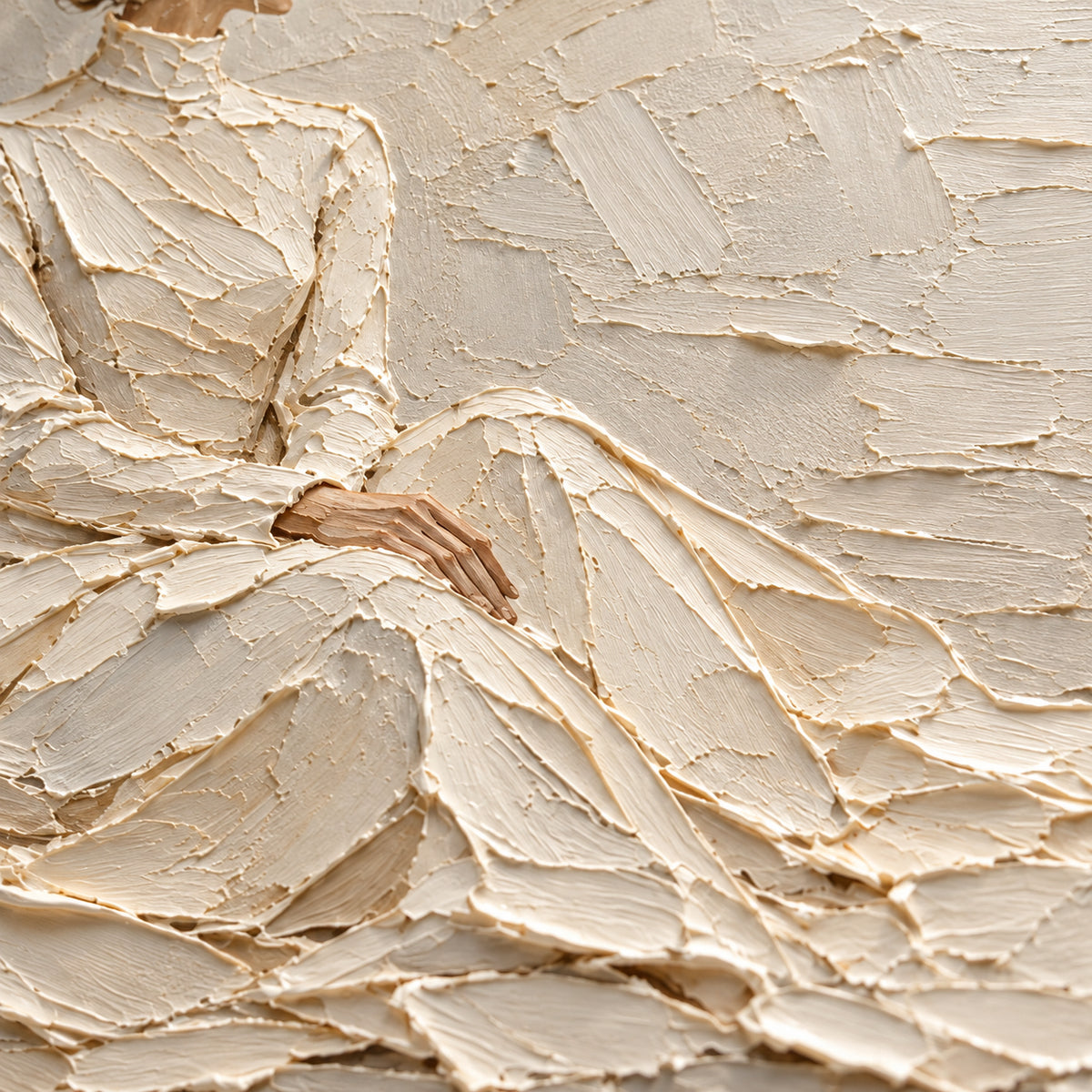 Seated-Reverie oil painting brushwork and impasto detail photographed from an oblique side angle