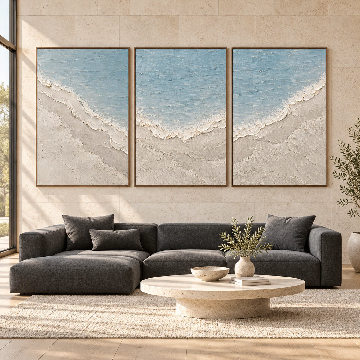 Large straight-on gallery interior with the Seaward-Relief triptych in slim walnut frames.