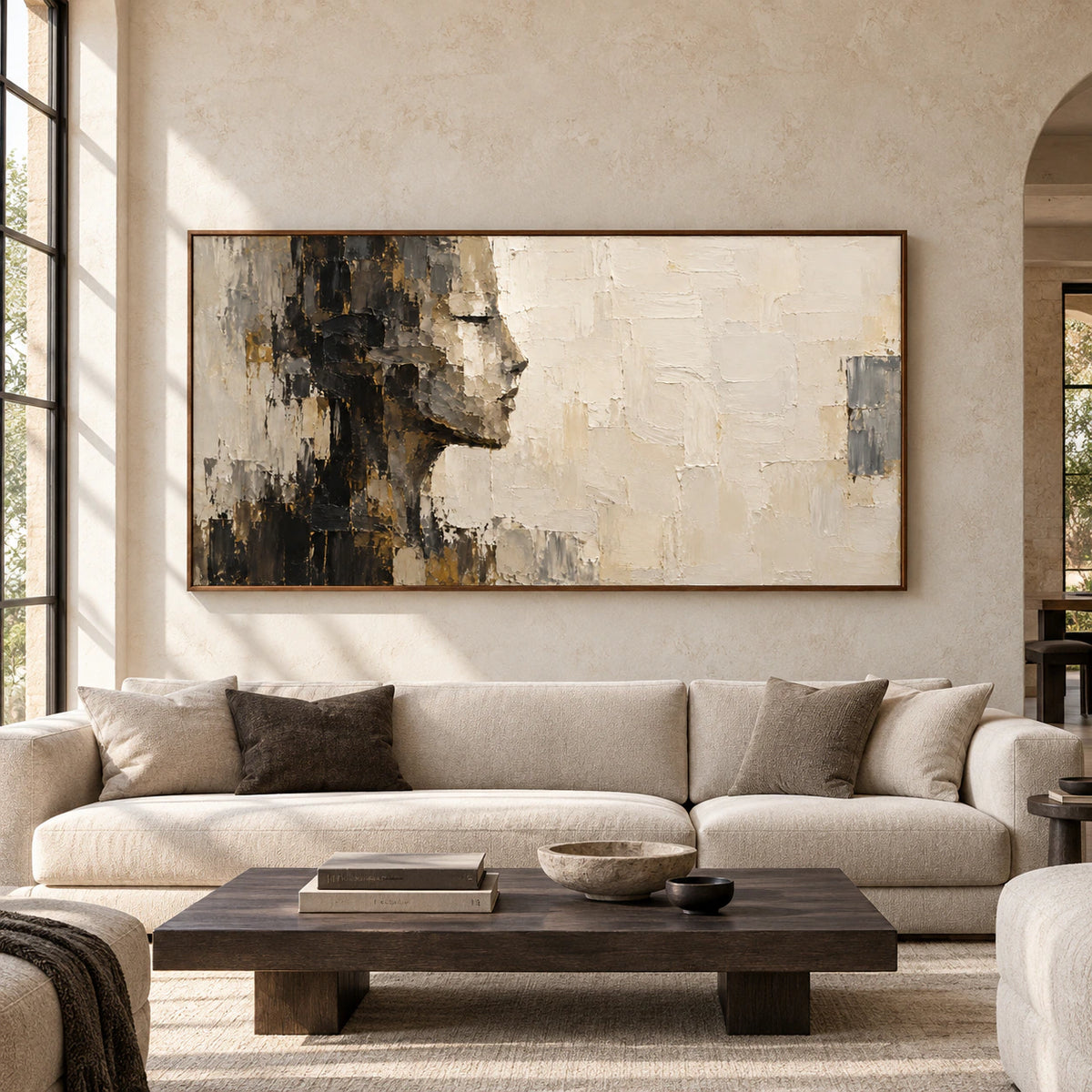 Shadow-Ledger displayed straight-on as large wall art in a bright, spacious living room with pale stone walls and dark neutral furniture.