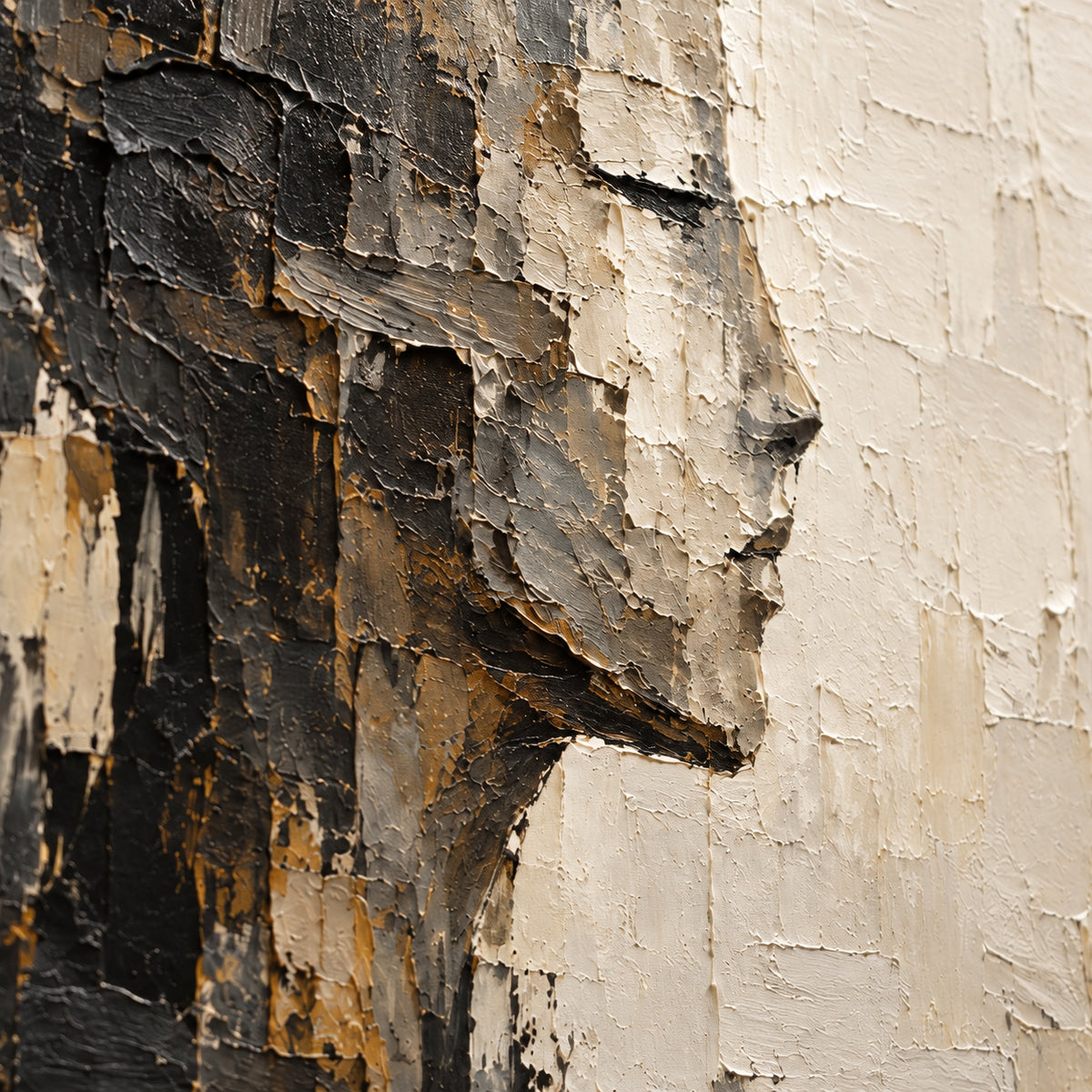 Close detail of Shadow-Ledger from an oblique side angle, with grazing light revealing raised paint, scraped edges and shallow shadows.