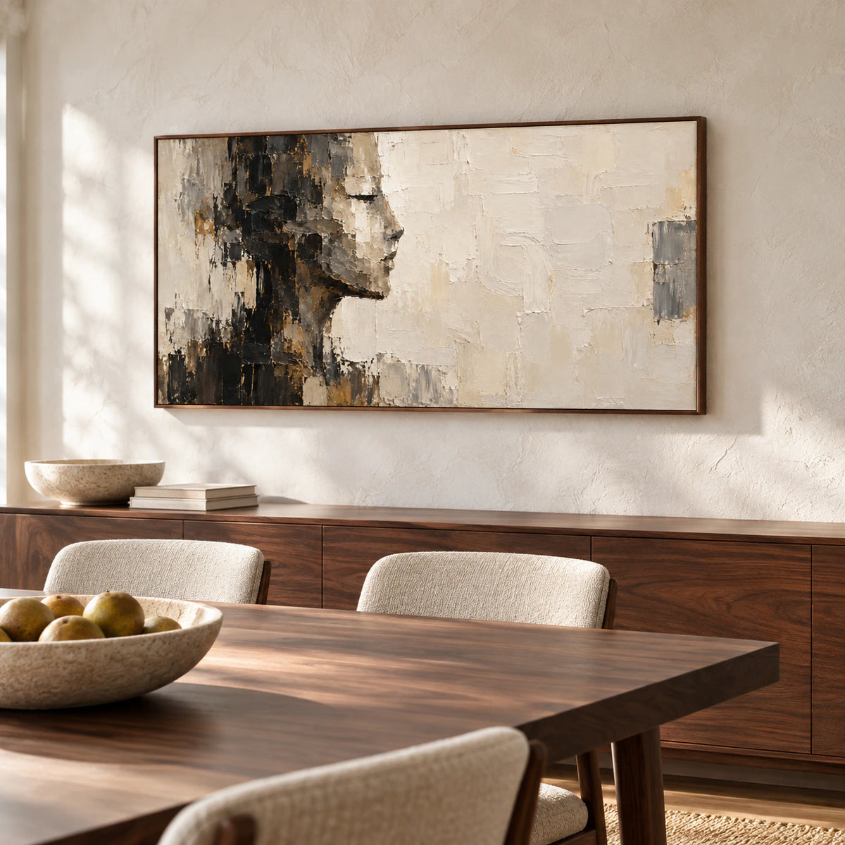 Shadow-Ledger above a dark walnut dining table against a lightly textured wall, viewed from the right with simple chairs and natural daylight.