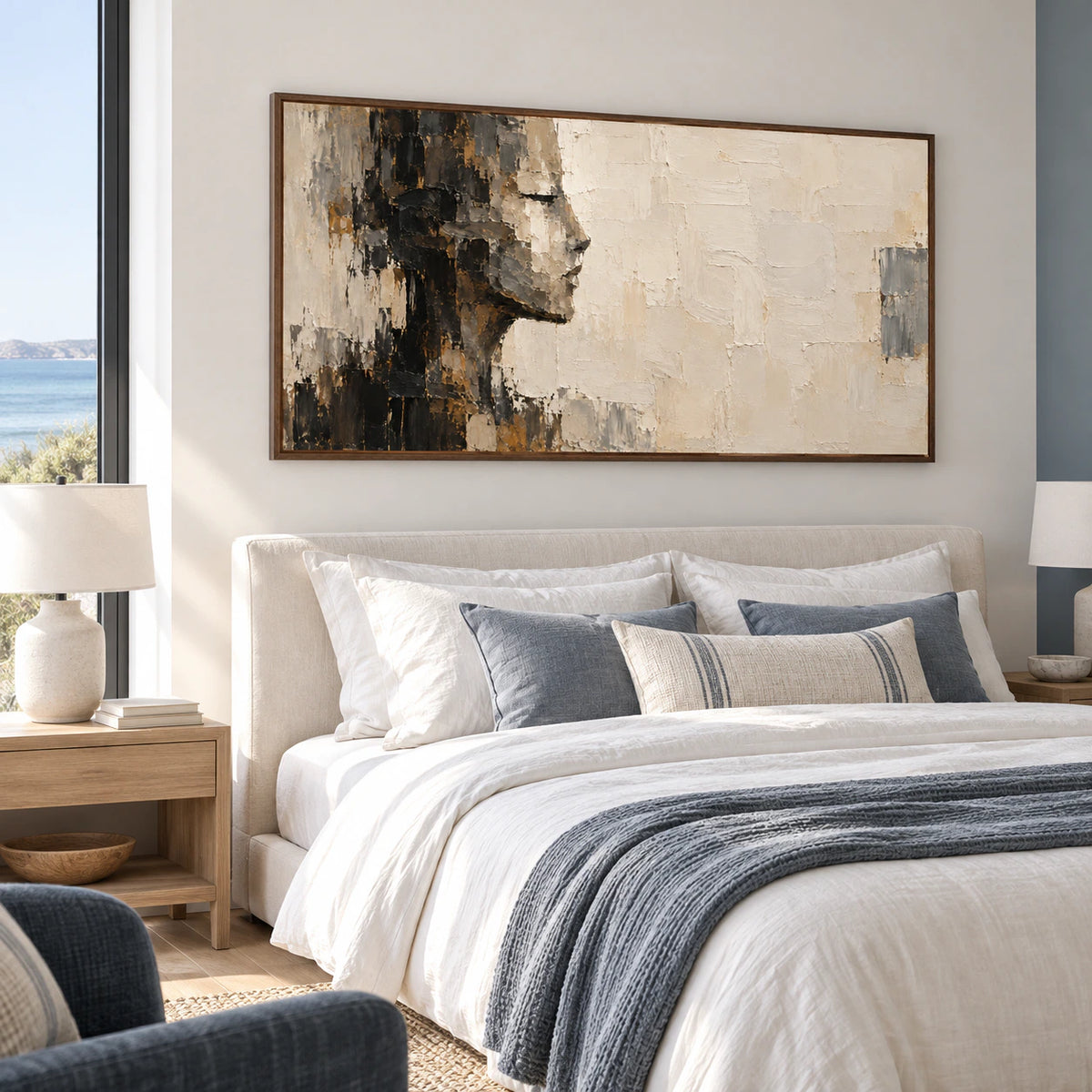 Shadow-Ledger above a low bed with white linen and a muted blue-gray wall accent, viewed gently from the left in soft morning daylight.