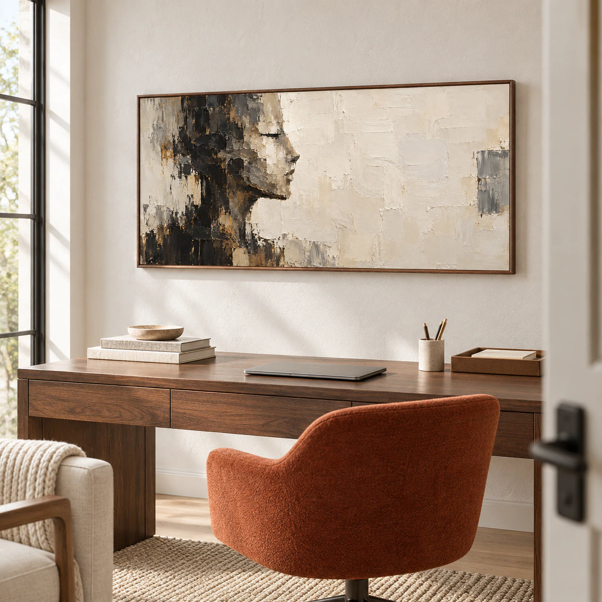 Shadow-Ledger above a dark wood desk on a pale plaster wall, viewed from the right at desk height with a reading chair and side-window daylight.