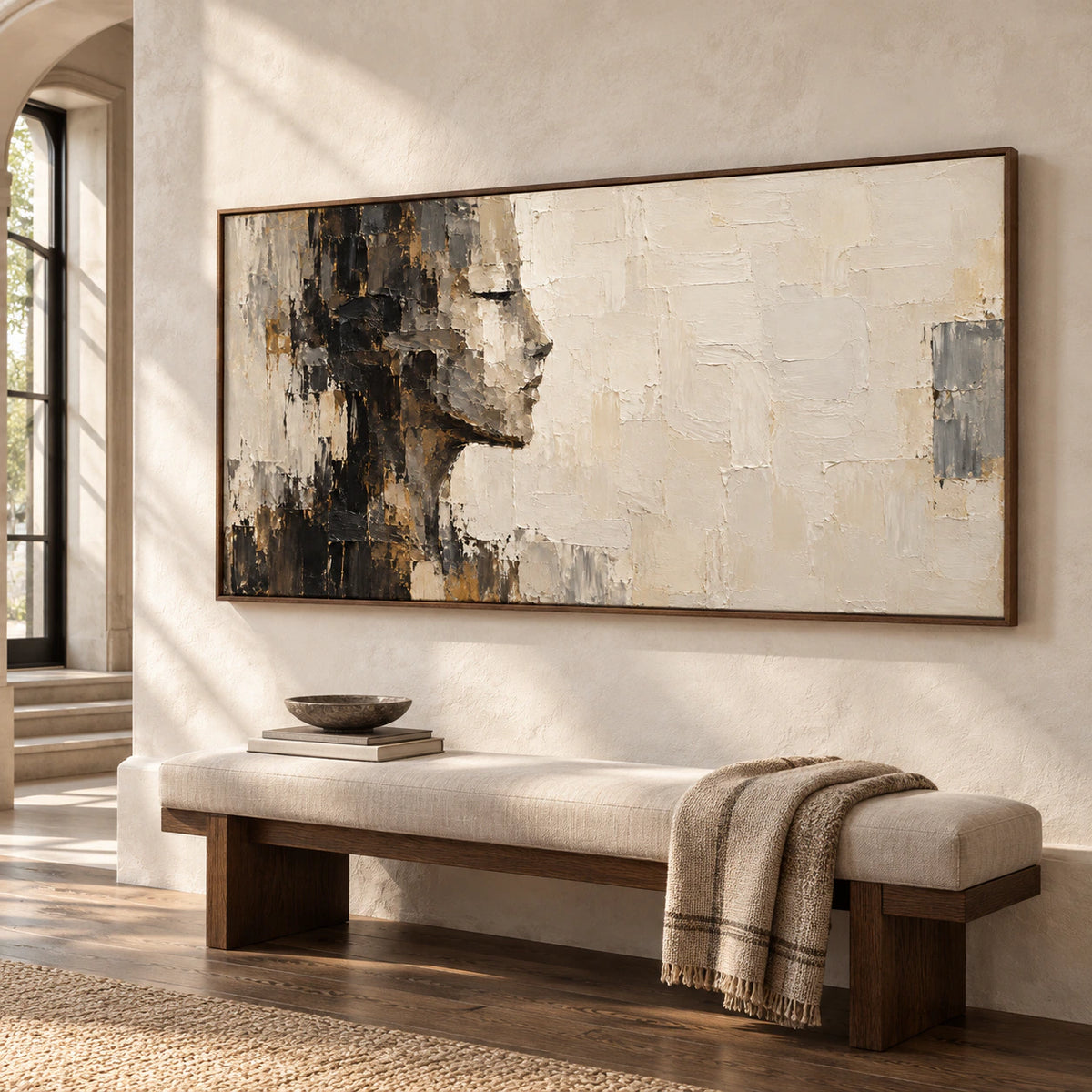 Shadow-Ledger on a tall pale limestone wall above a simple bench in a bright foyer with wood flooring, viewed from the left at a slightly low angle.