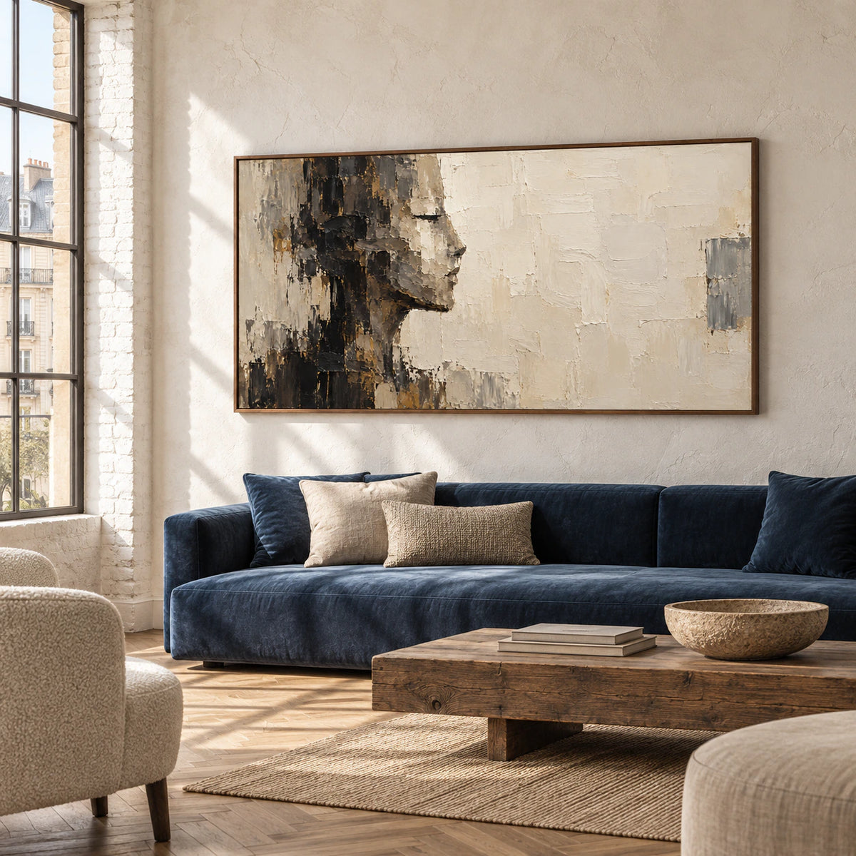 Shadow-Ledger on a white brick wall above a low deep-blue banquette in an open loft hospitality interior, viewed from the right with tall industrial windows.