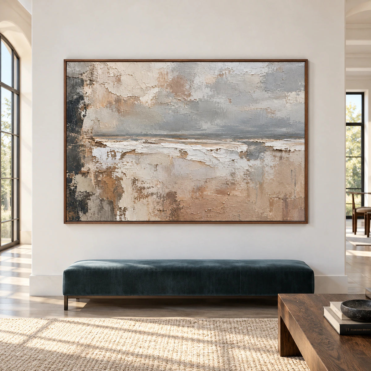 Large horizontal Shale-Meridian artwork centered on a broad pale wall in a spacious, naturally lit room.