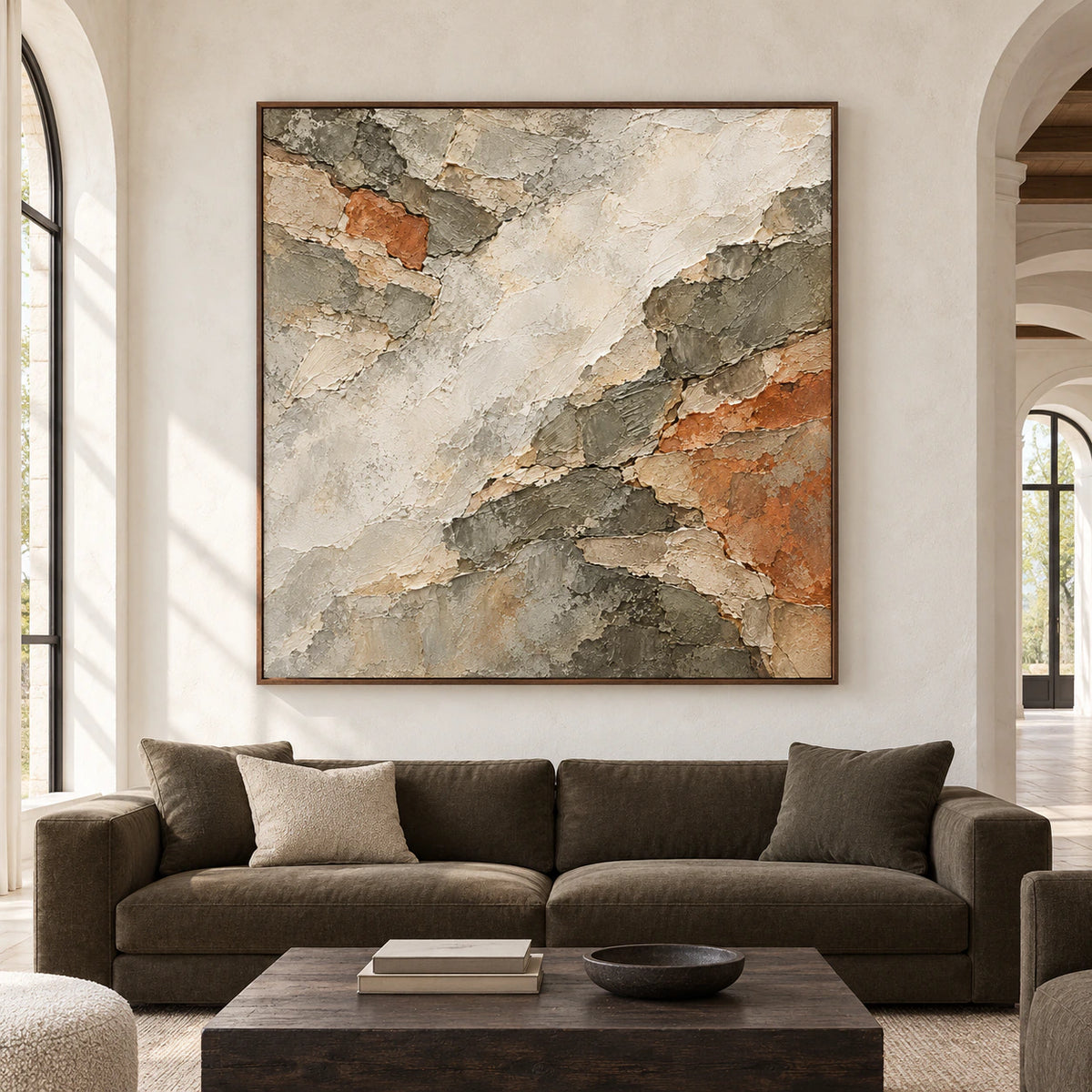 Large square Shale Traverse artwork centered on a pale plaster wall in a spacious, sunlit room, viewed straight on.