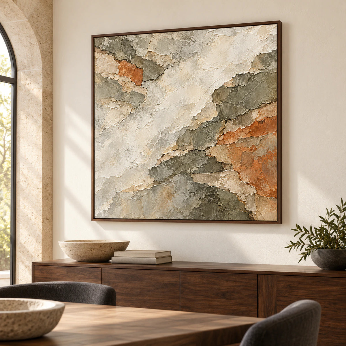 Large square Shale Traverse artwork anchoring a refined dining room, above a dark wood sideboard with restrained furnishings and soft daylight.