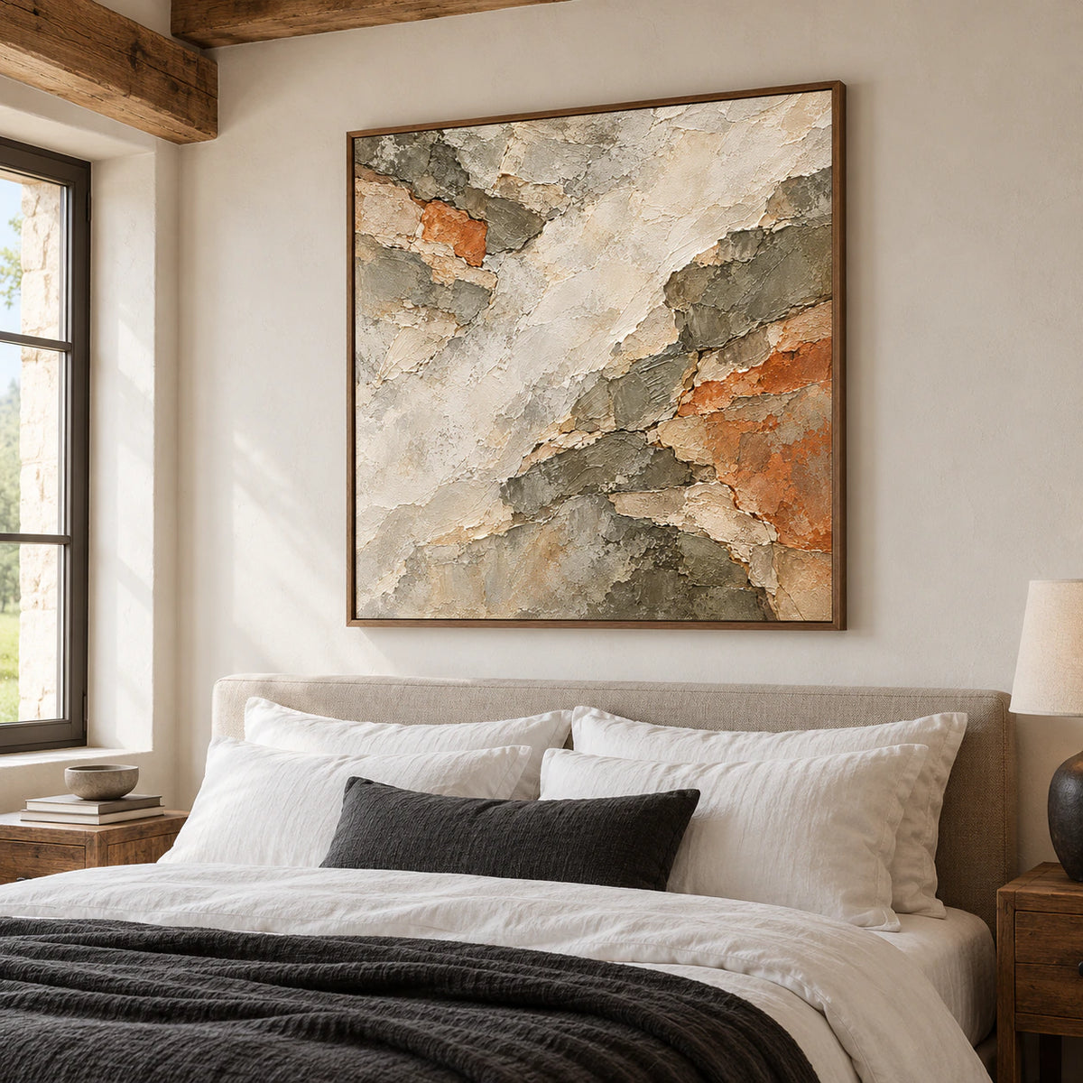 Large square Shale Traverse artwork above a simple bed in a quiet, bright bedroom with pale linen and clear natural light.