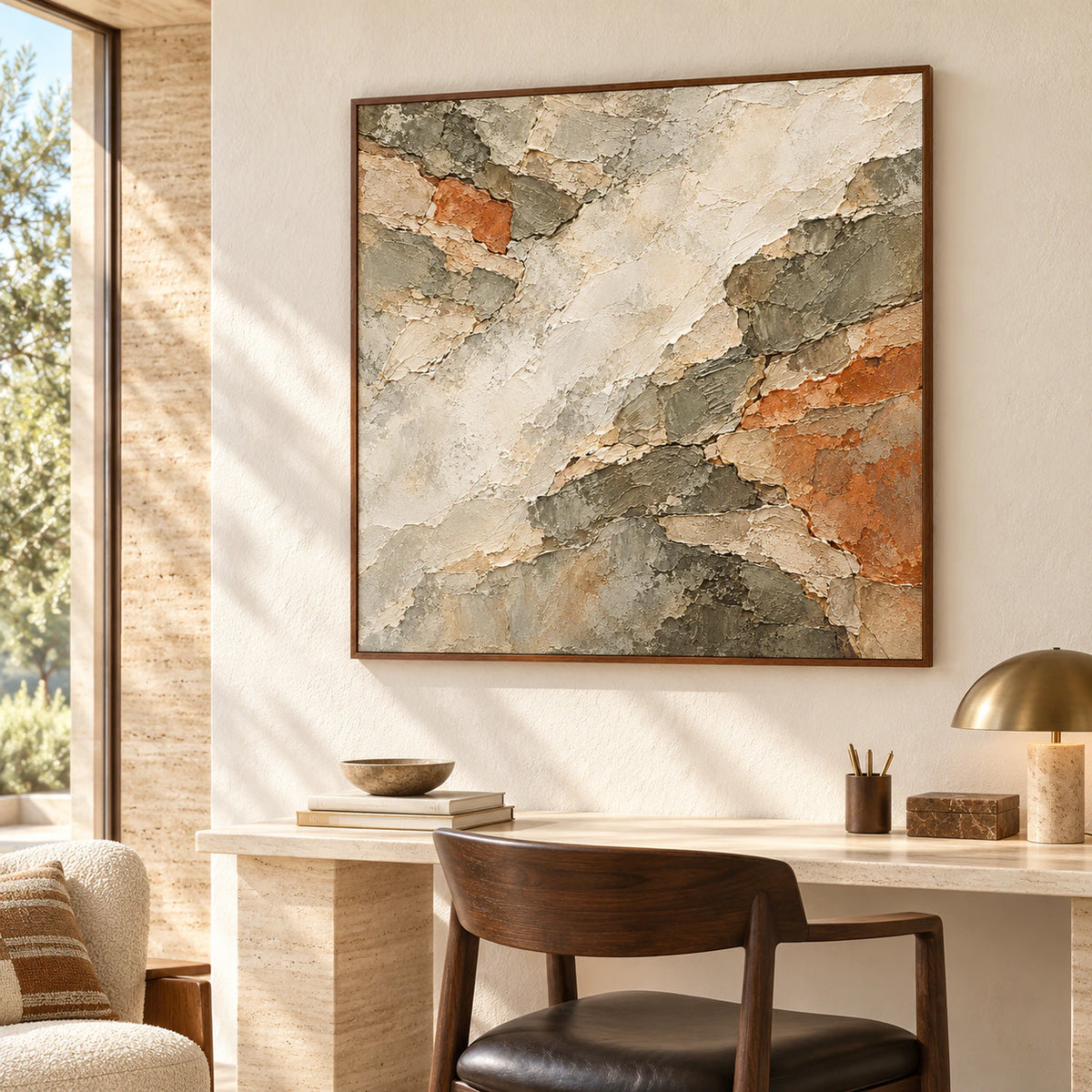 Large square Shale Traverse artwork in an airy home office with a light desk, dark chair, and daylight across a calm neutral wall.