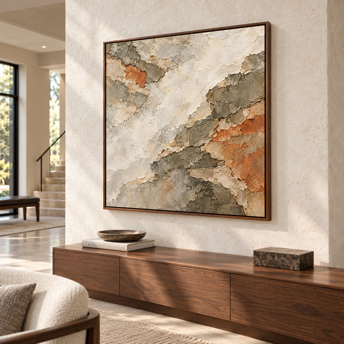 Large square Shale Traverse artwork commanding a gallery-scale foyer with a stone floor, tall pale walls, and crisp daylight.