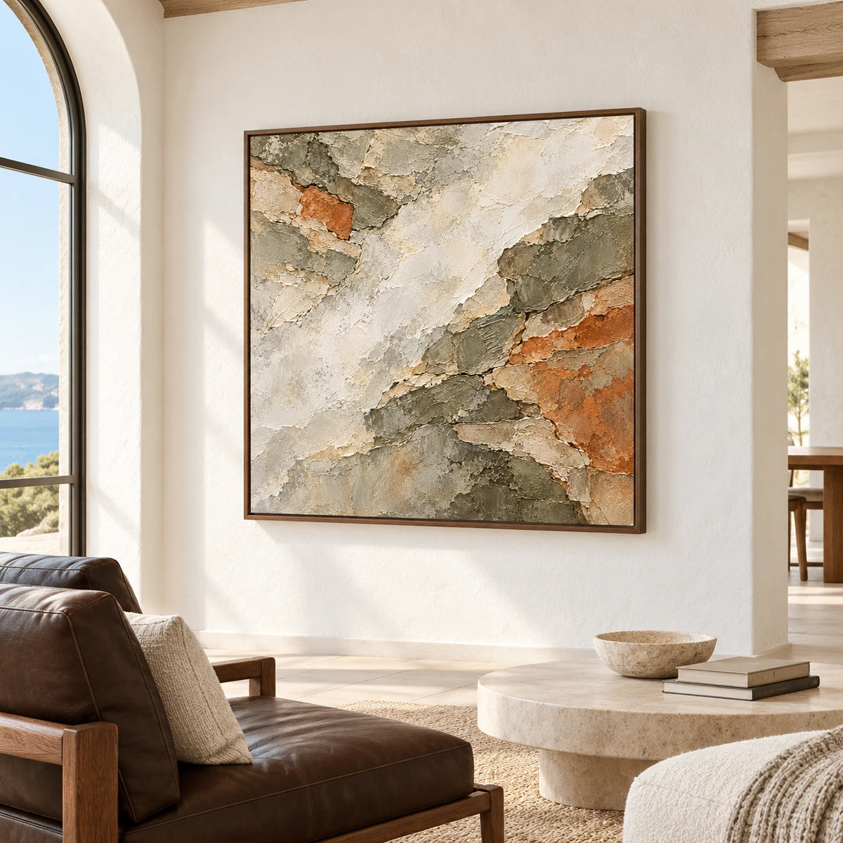 Large square Shale Traverse artwork in an expansive loft interior, set against a light wall with dark furnishings and broad natural light.