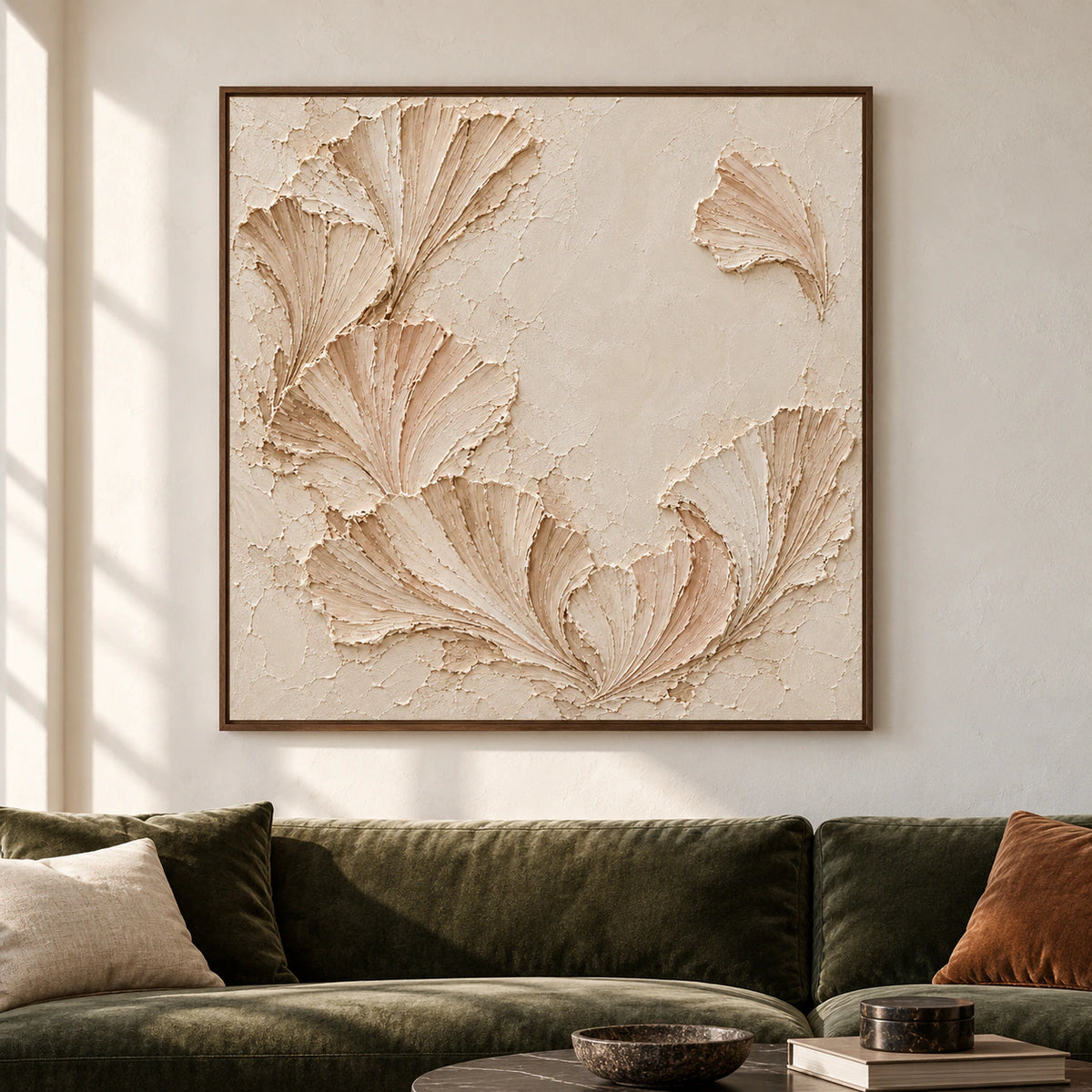 Large square Shell-Cadence artwork centered in a bright, spacious modern living room, viewed perfectly straight-on.