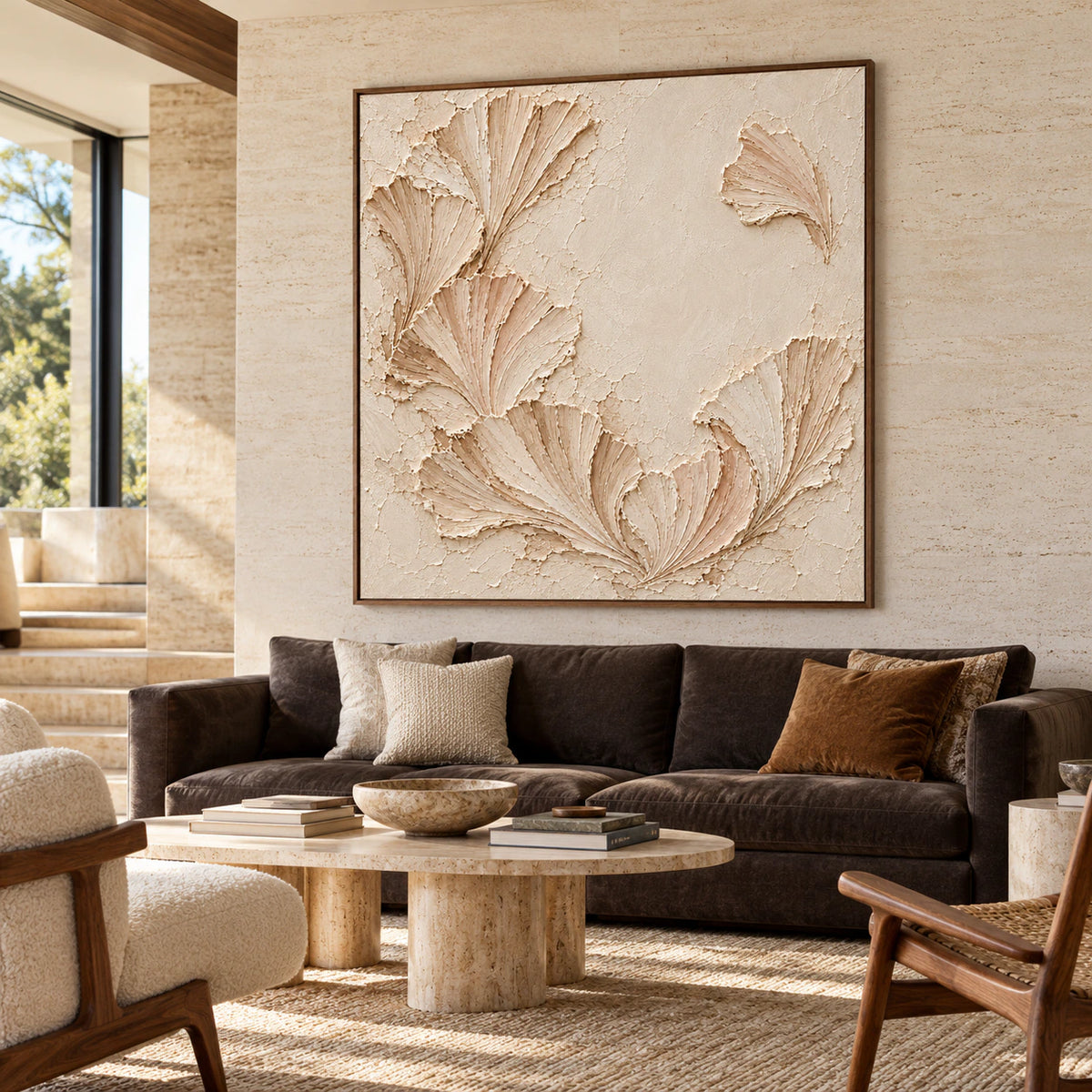 Large square Shell-Cadence artwork above a restrained charcoal sofa in a bright living room, viewed from the left at a gentle angle.
