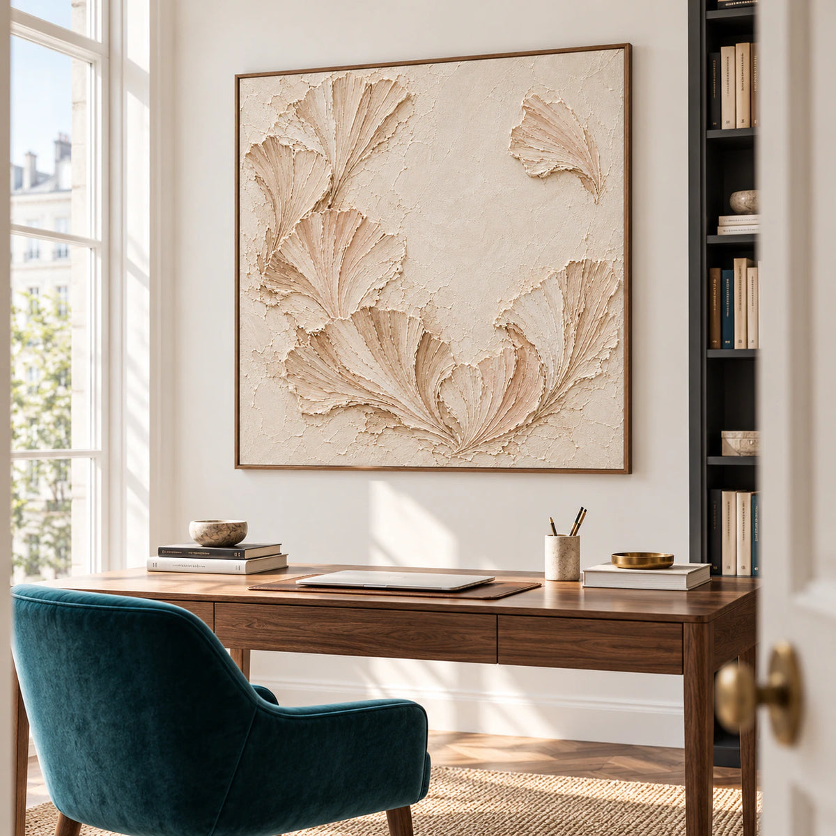 Large square Shell-Cadence artwork in an airy home office with a writing desk, bookcase, and generous window light, viewed from a low left angle.