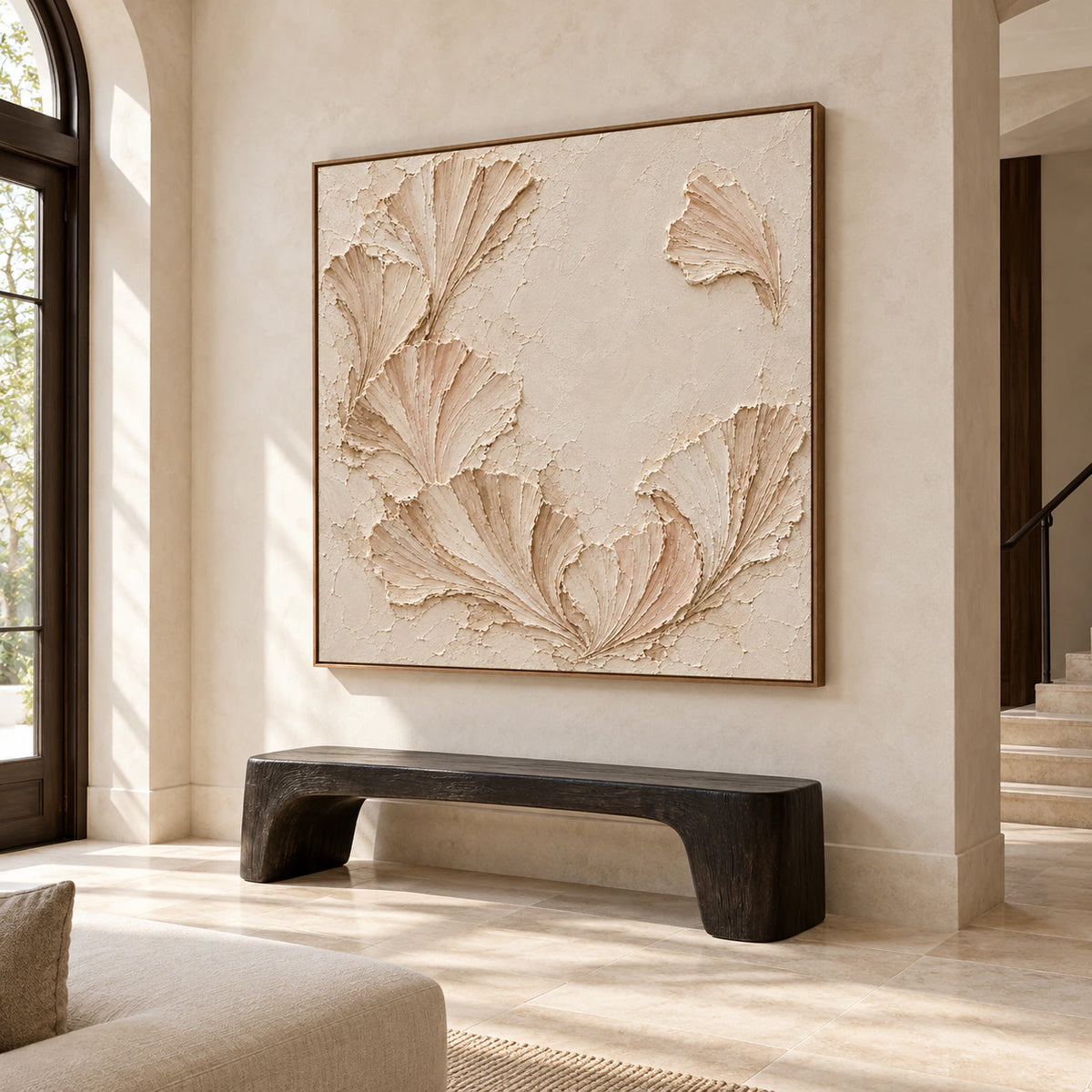 Large square Shell-Cadence artwork commanding a bright gallery-scale foyer with a stone floor and sculptural bench, viewed from the right.