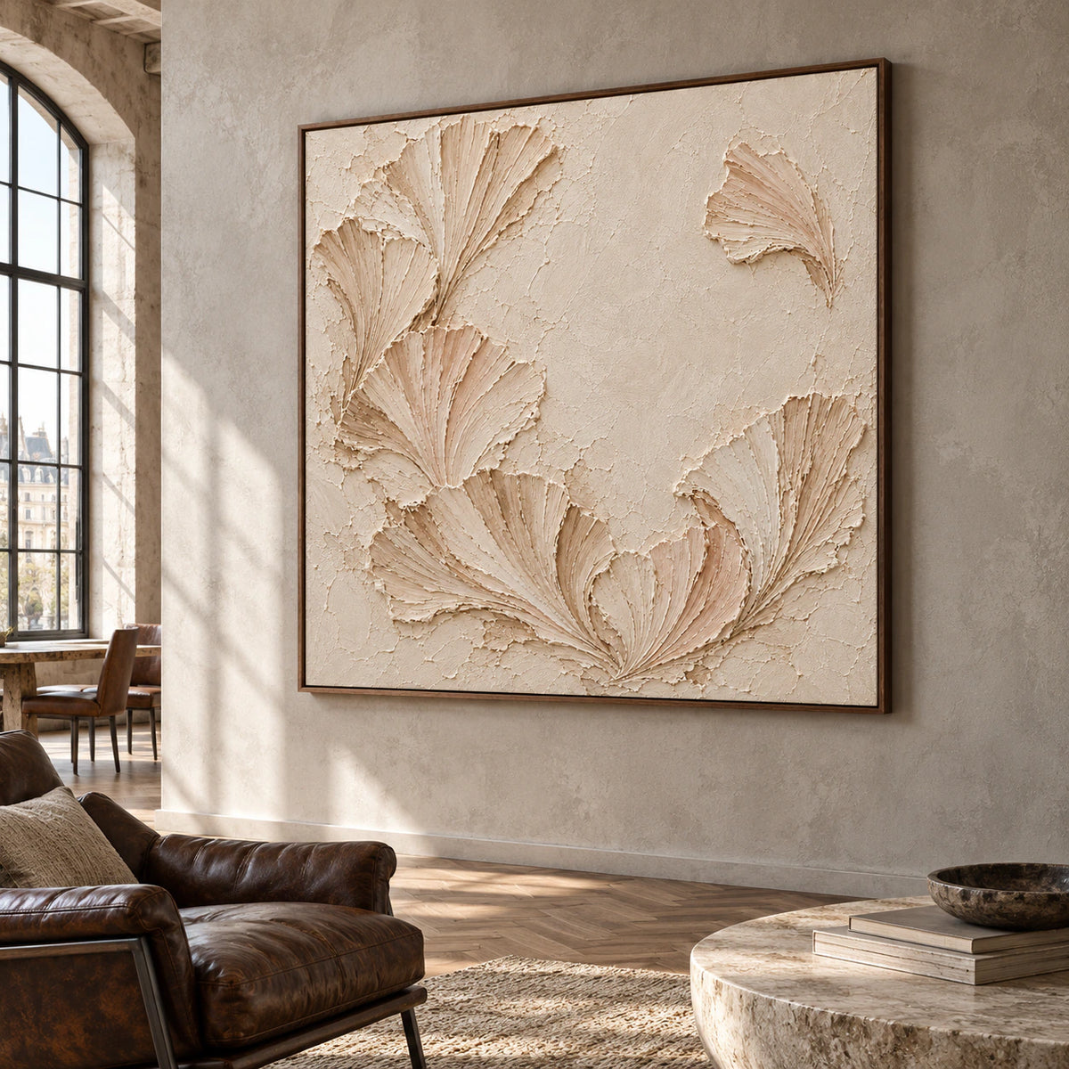 Large square Shell-Cadence artwork on a tall wall in an expansive loft interior, with restrained furnishings and broad daylight.
