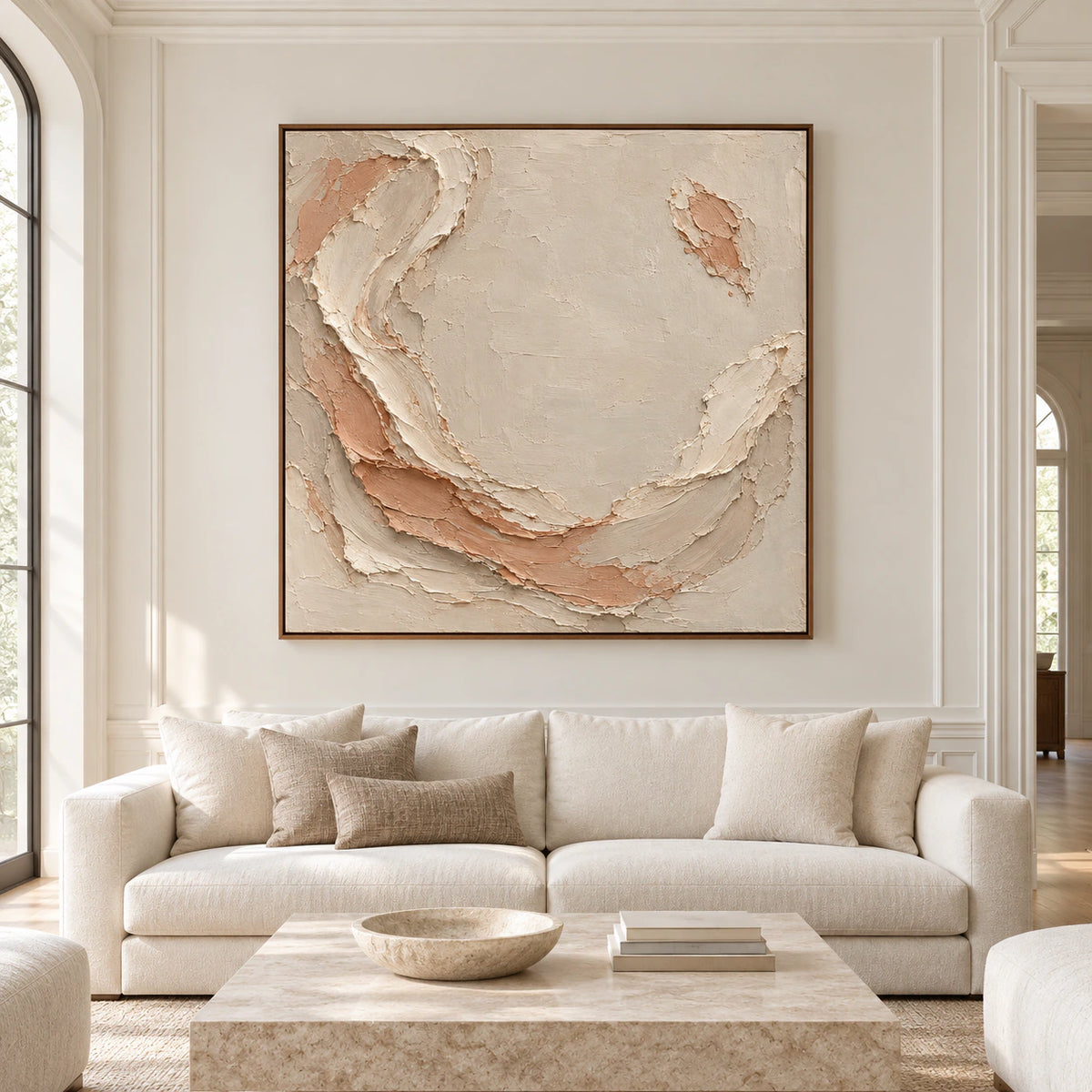 Large square Shell Mantle artwork displayed straight-on in a spacious light-filled room, its ivory relief and terracotta accents prominent on a quiet wall.