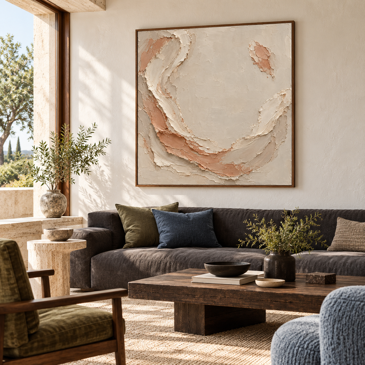 Shell Mantle hangs as the focal point above a low charcoal sofa in a bright living room with pale plaster walls and natural daylight.