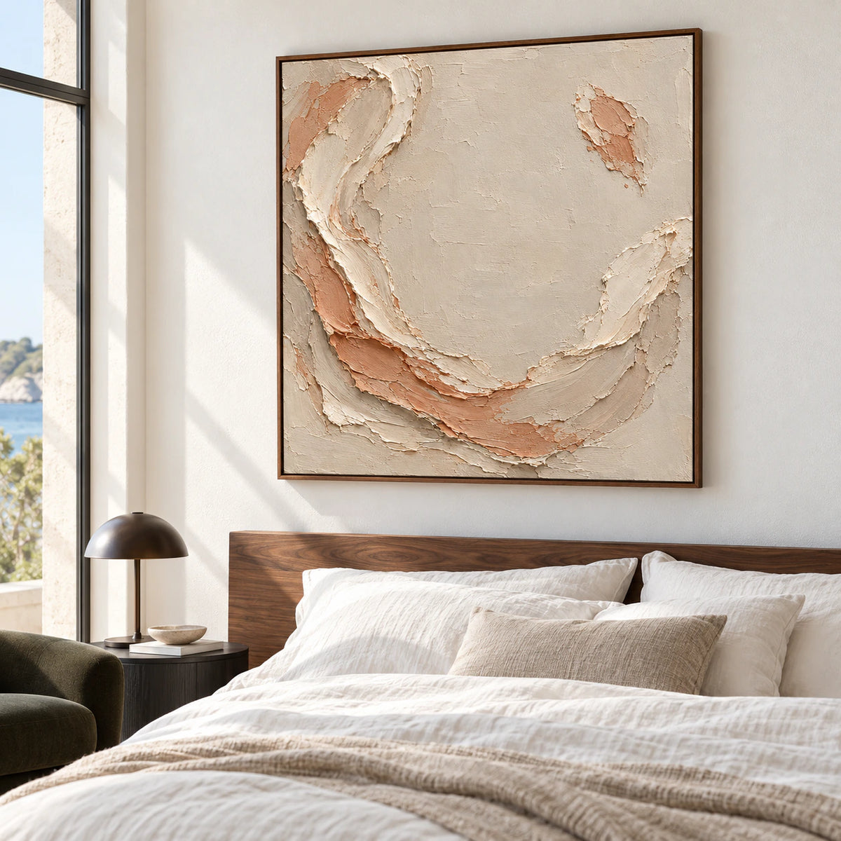 Shell Mantle is displayed above a low walnut bed in a quiet, bright bedroom with linen bedding and gentle daylight.