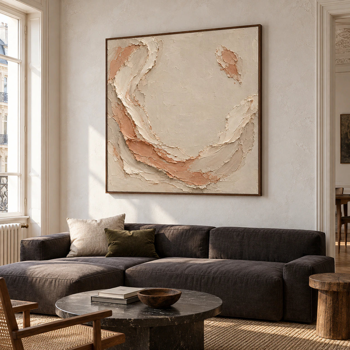 Shell Mantle forms the centerpiece of an expansive loft interior, set on a pale wall above a dark modular seating arrangement.