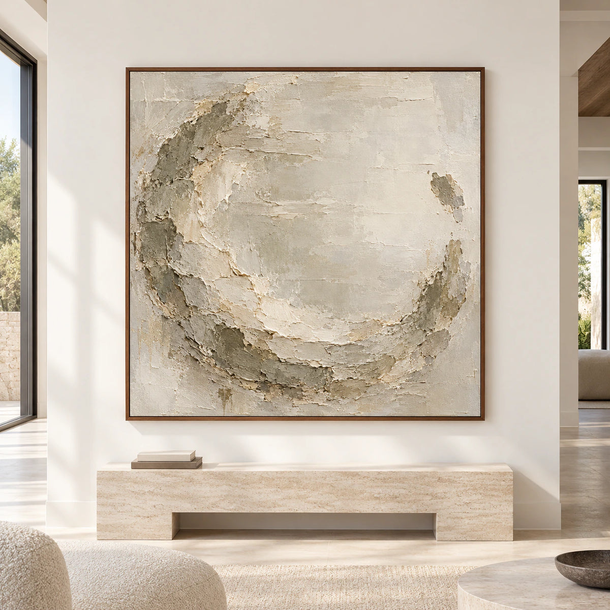Straight-on view of a large square textured painting on a broad warm-white wall in a spacious room lit by natural daylight.