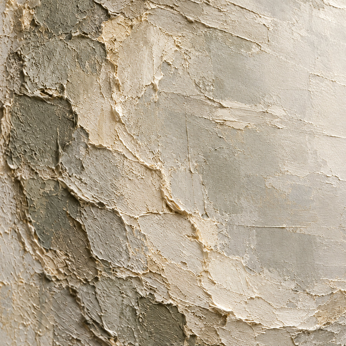 Oblique close-up of the painting's ivory and grey-green layers, with grazing light revealing raised paint ridges, scrape marks and shallow shadows.