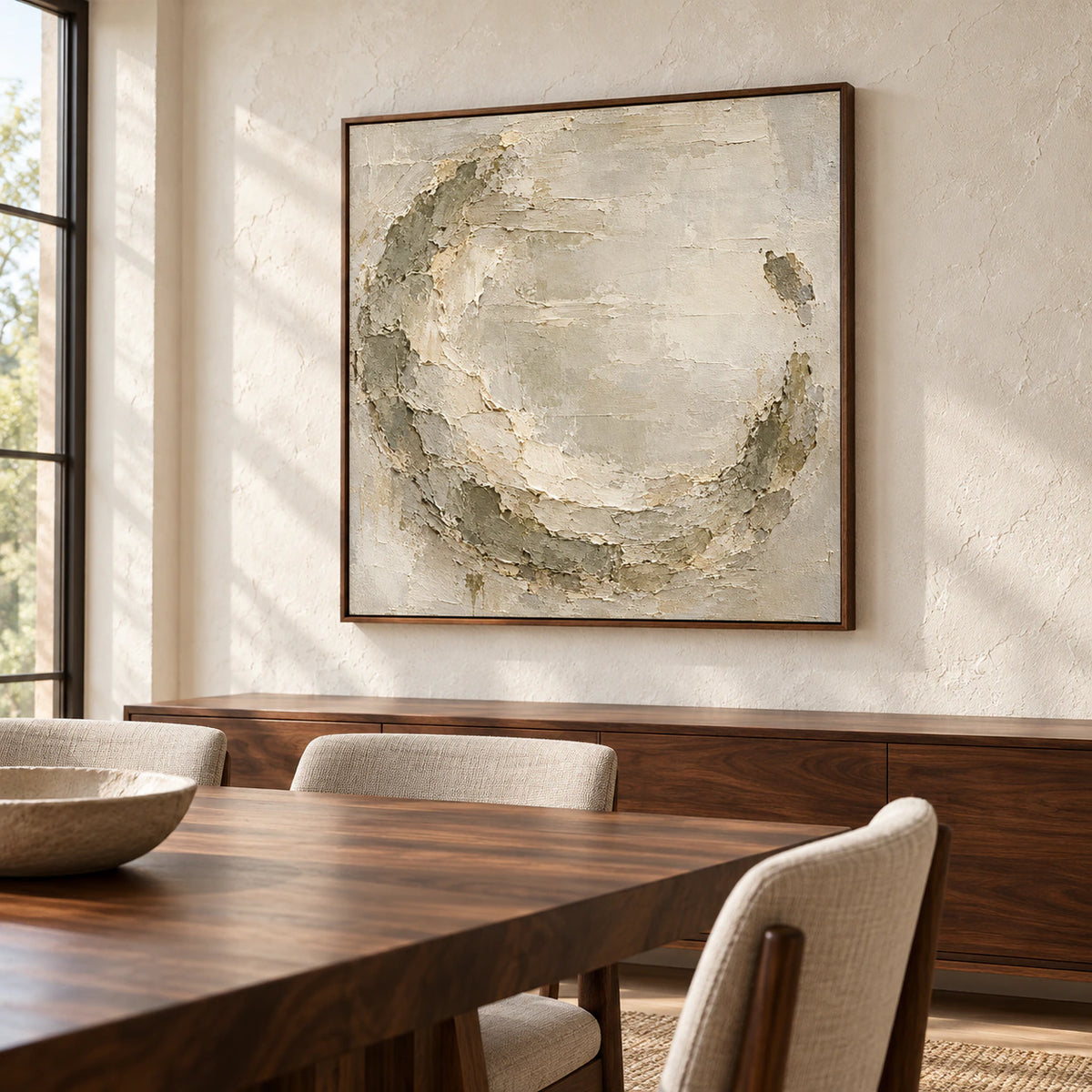 Square ivory and grey-green abstract painting above a dark walnut dining table on a pale wall, viewed obliquely from the right at seated height.