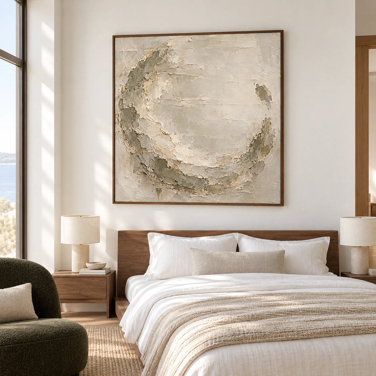 Square textured painting above a low walnut bed with white linens in a bright bedroom, viewed from a slightly elevated angle on the left.