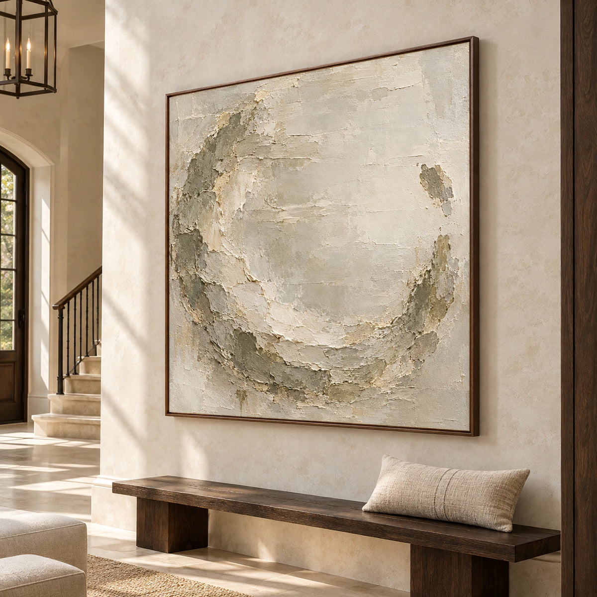 Large square textured painting on a high pale limestone wall in an open foyer with a dark bench, viewed from a distant, slightly low angle on the left.