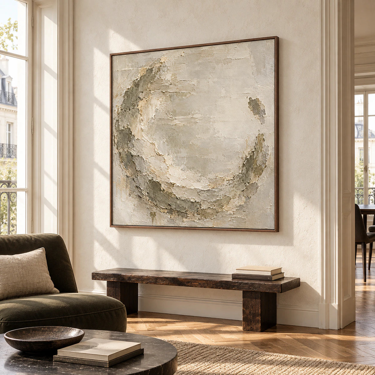 Large square abstract painting with ivory and grey-green textured layers on a pale plaster wall in a bright traditional sitting room.