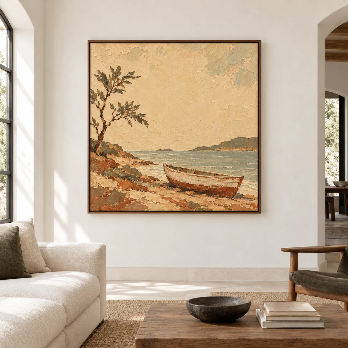Large square shoreline painting centered on a bright gallery wall, showing a small wooden boat beneath a warm ochre sky.