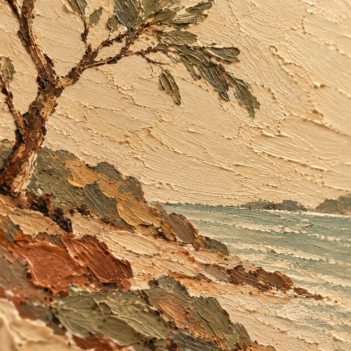 Sheltered-Mooring oil painting brushwork and impasto detail photographed from an oblique side angle