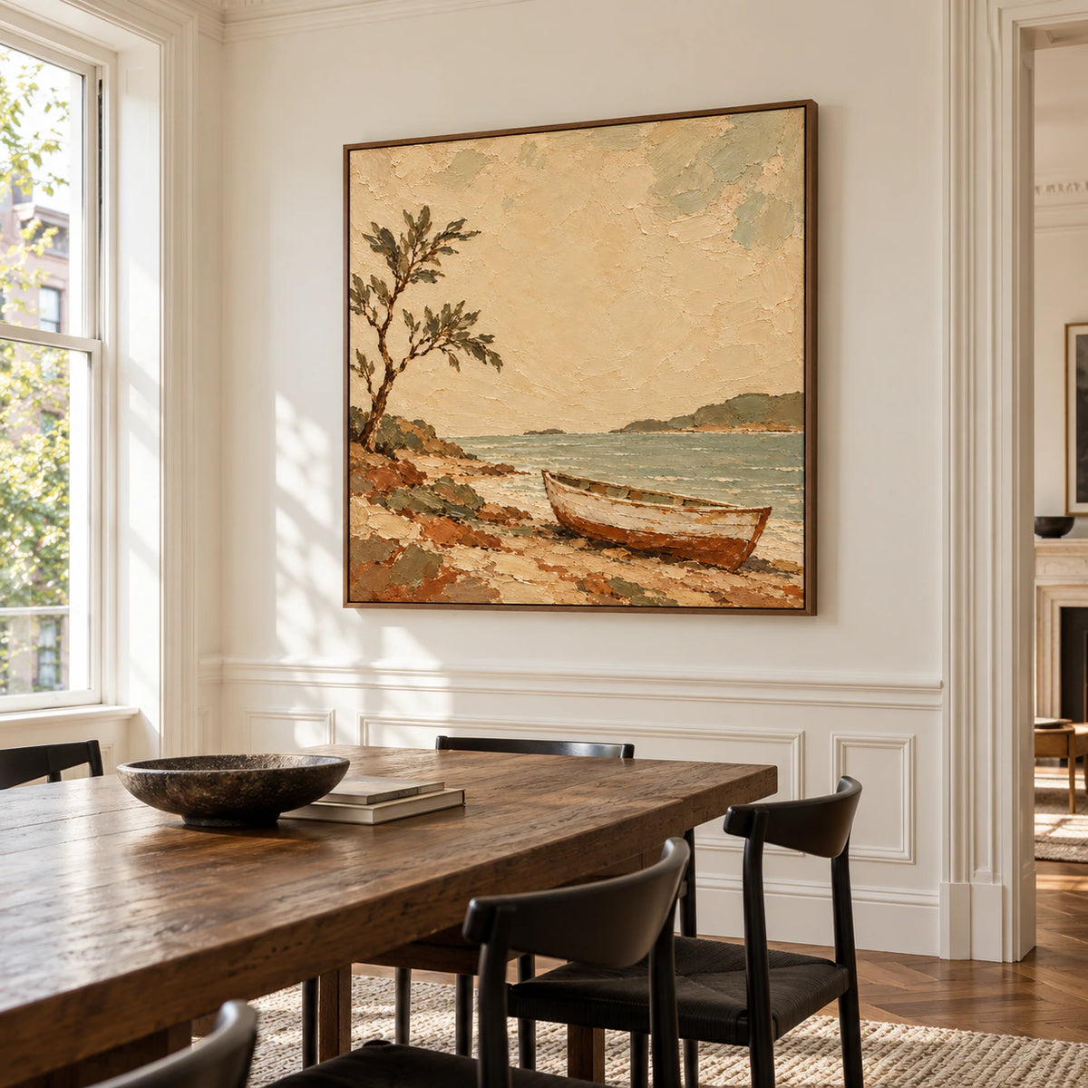 Square boat and shoreline painting displayed prominently in a refined dining room.