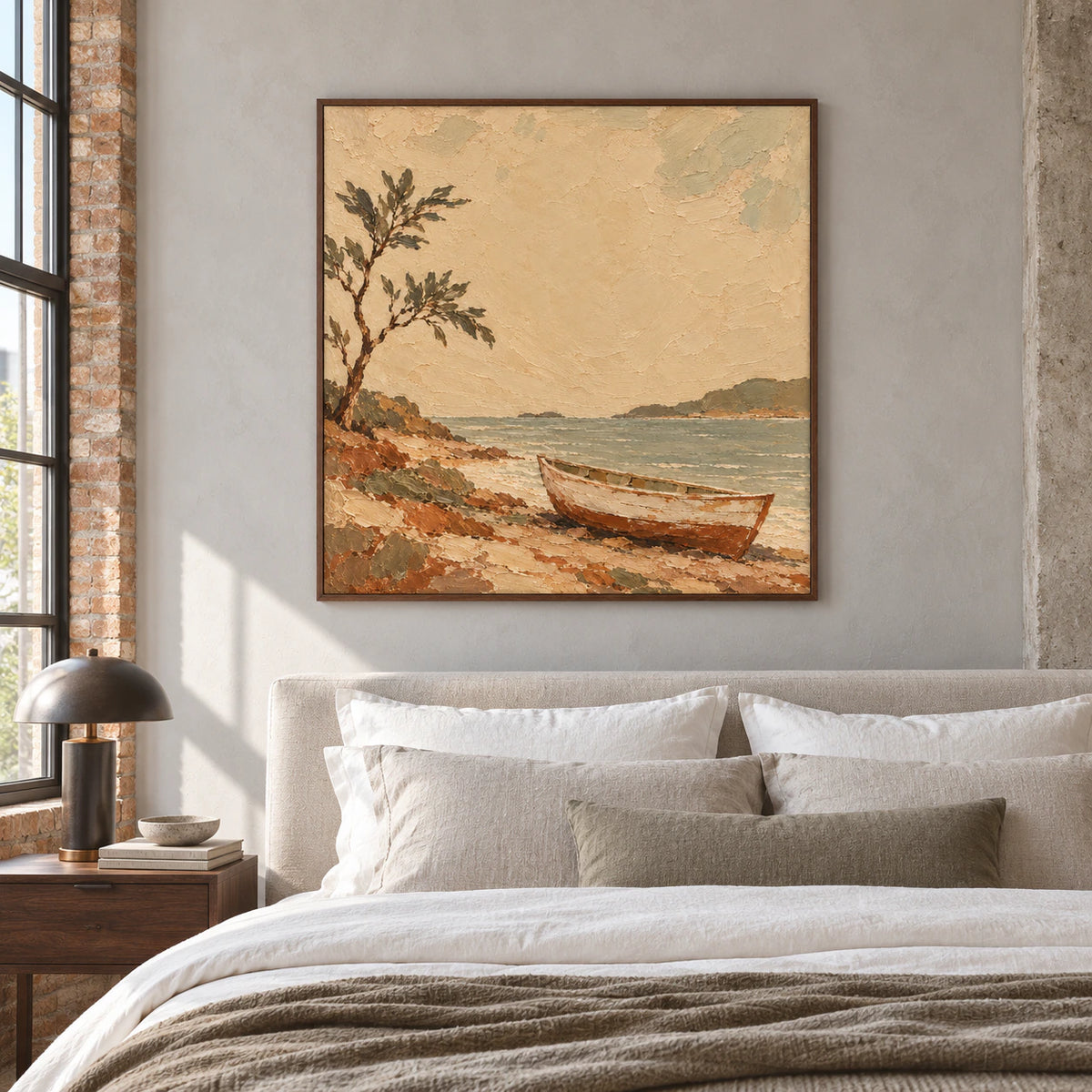 Warm ochre landscape painting above a simple bed in a quiet, naturally lit bedroom.