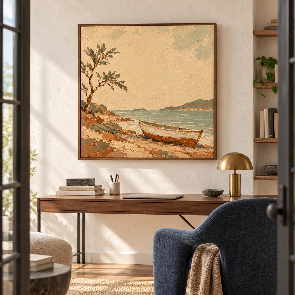 Square textured landscape artwork above a desk in an airy home office and reading space.