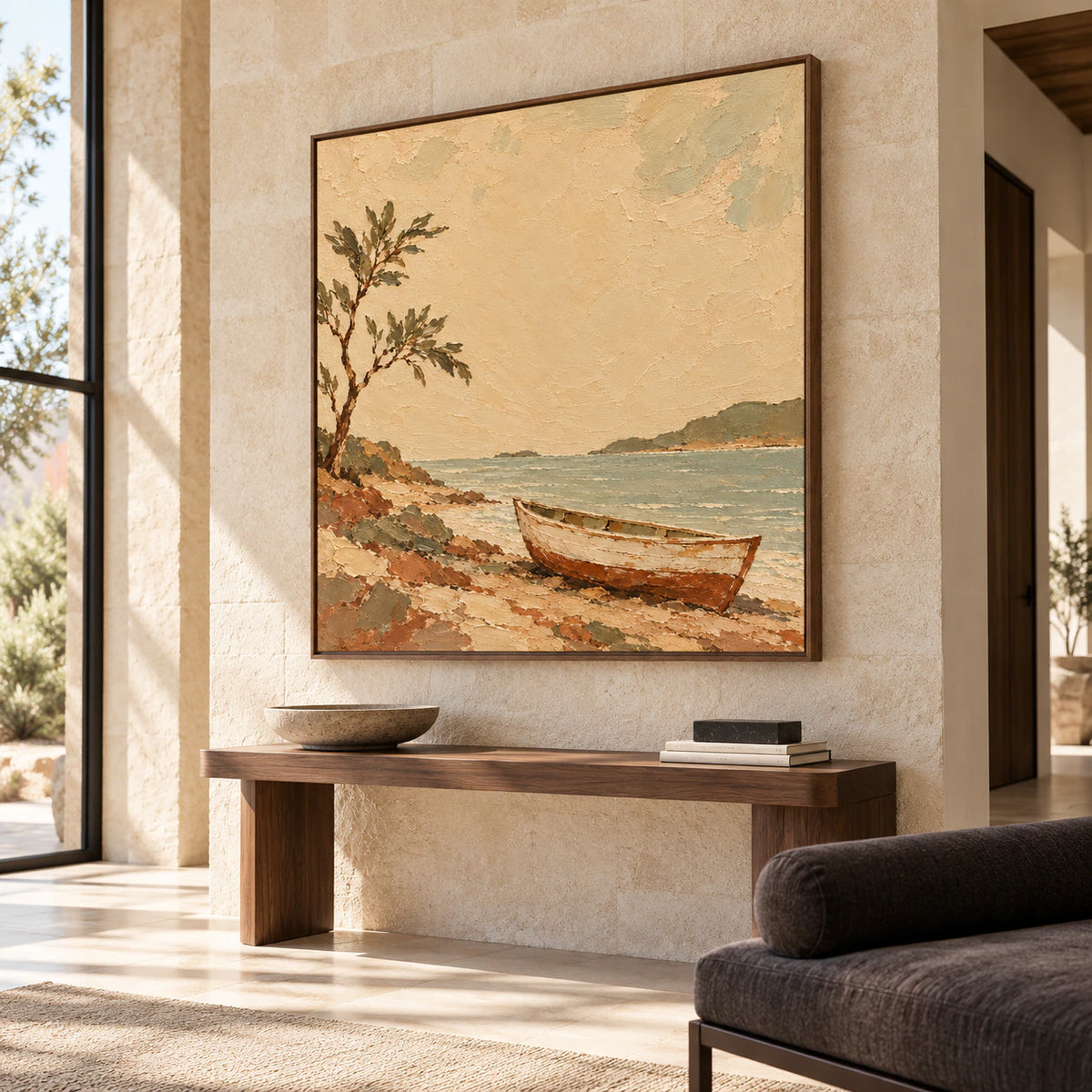 Large square shoreline painting commanding a bright, high-ceilinged foyer.