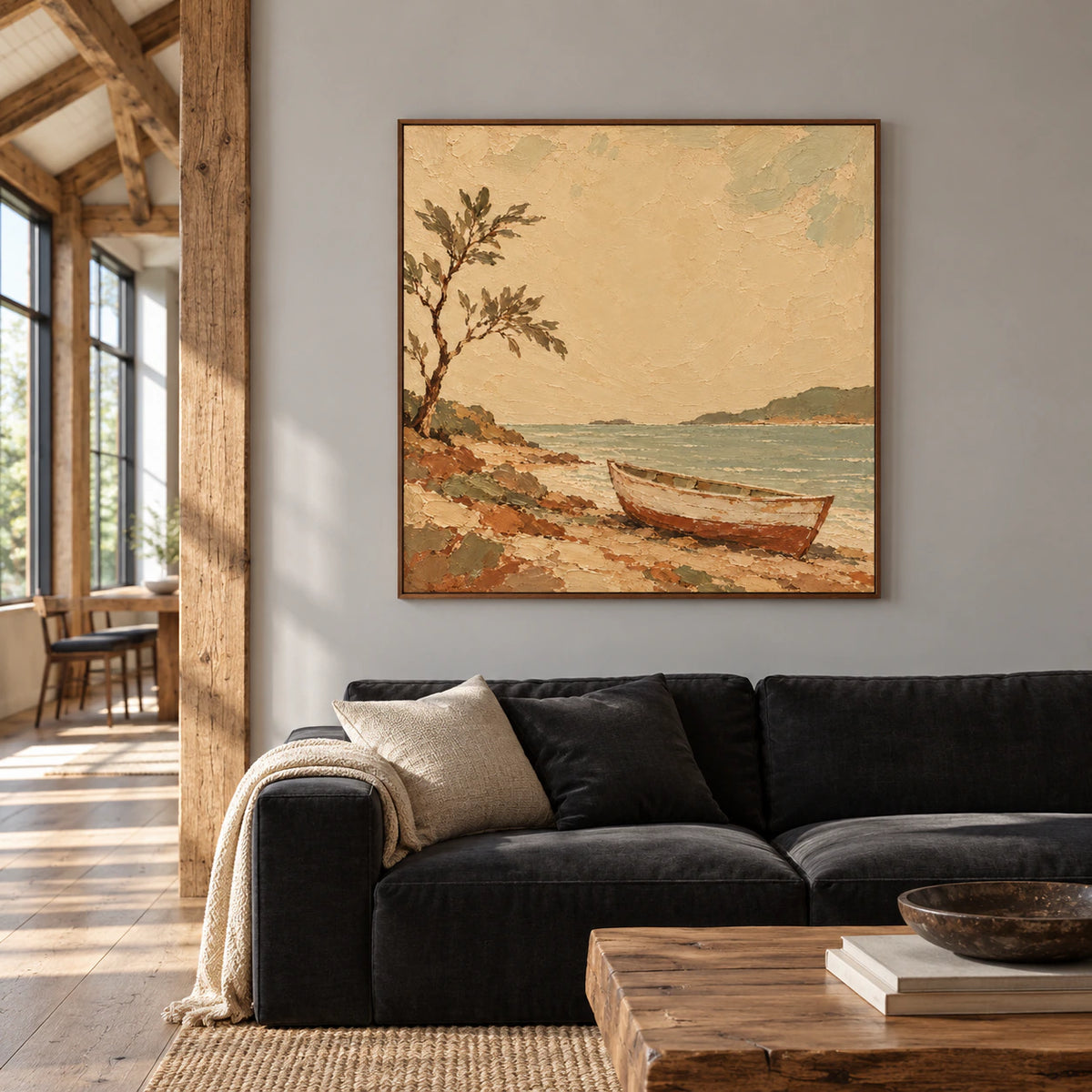 Square boat painting displayed at generous scale in an expansive loft or hospitality interior.
