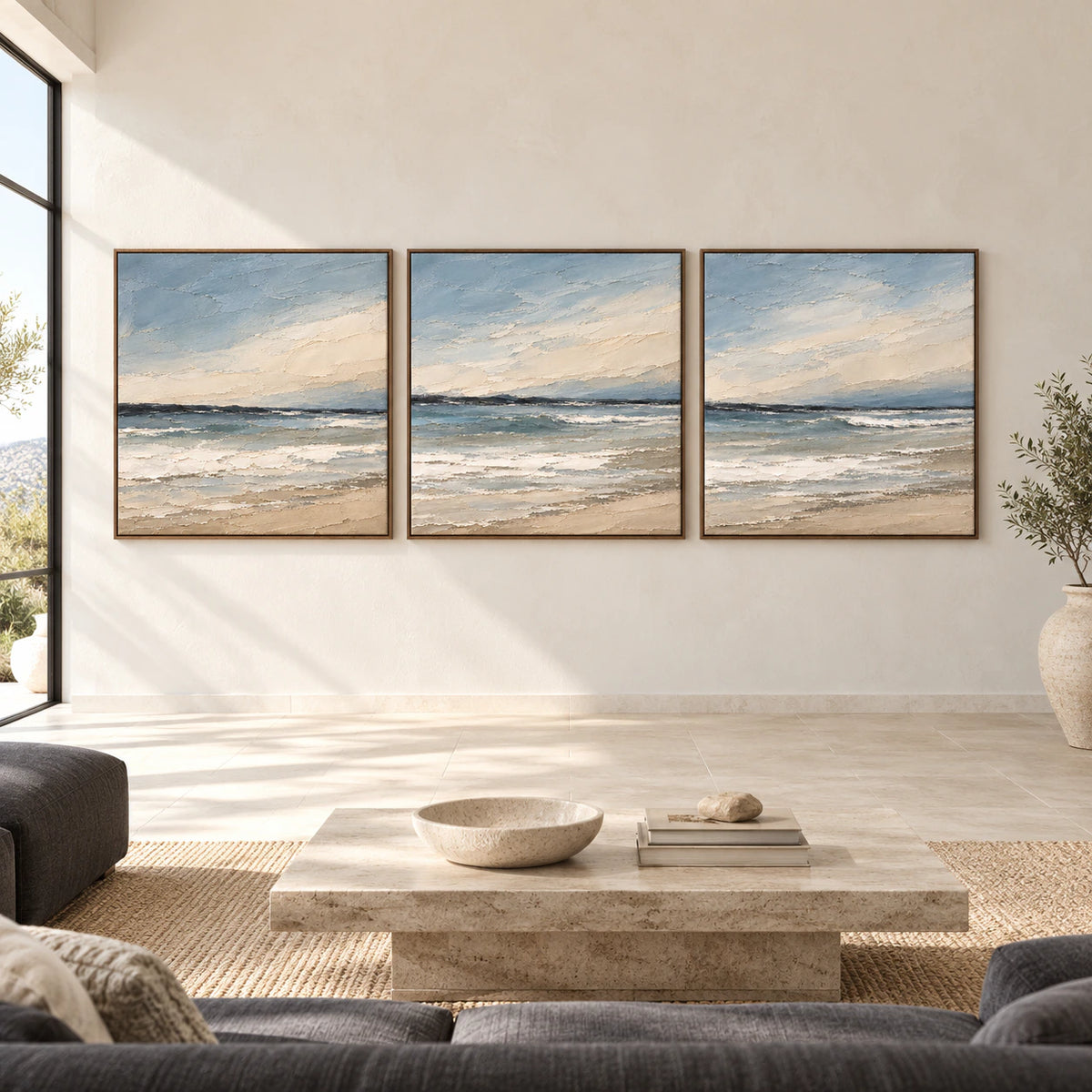 Large straight-on gallery view of the Shoreline-Accord three-canvas coastal triptych in slim walnut frames.
