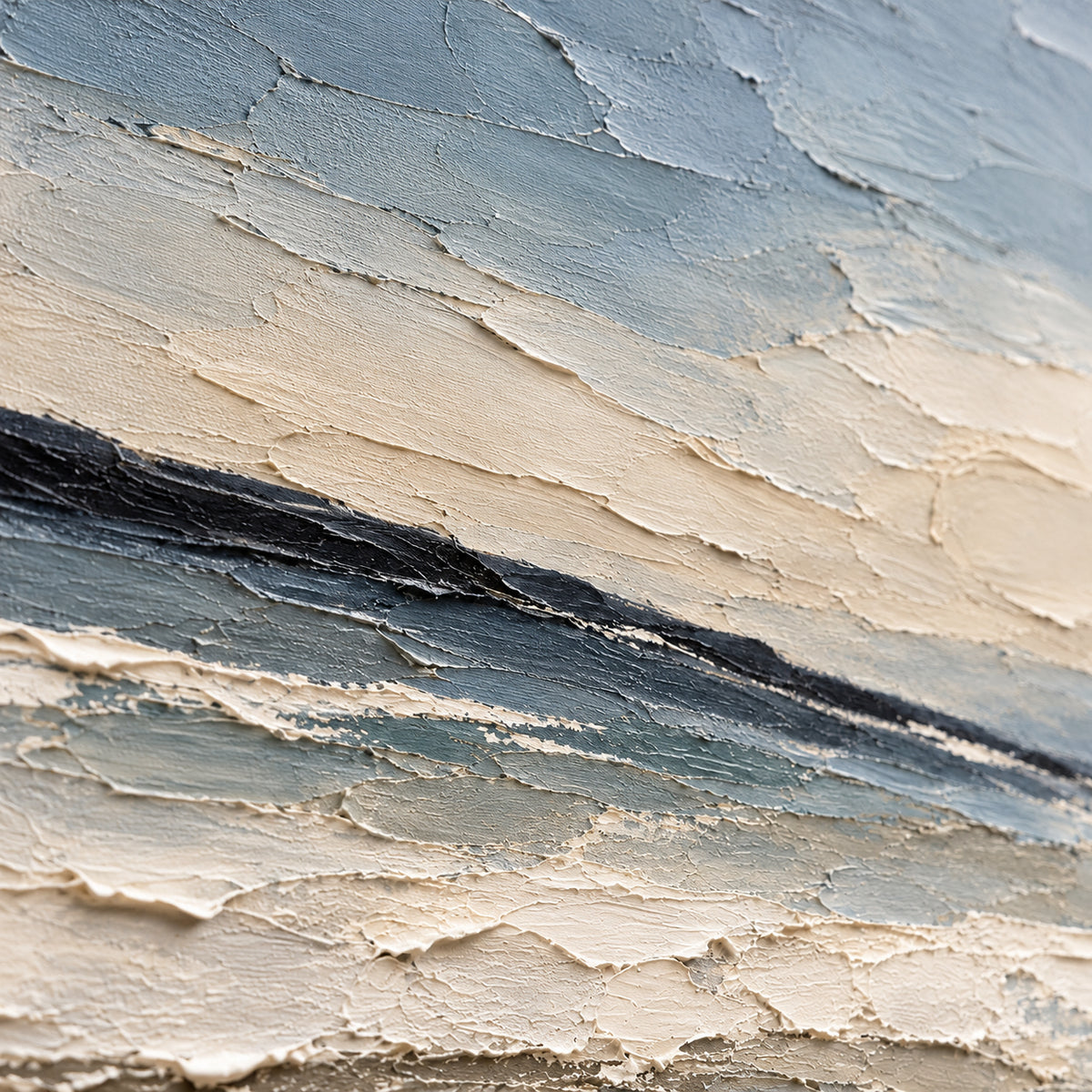 Shoreline-Accord oil painting brushwork and impasto detail photographed from an oblique side angle