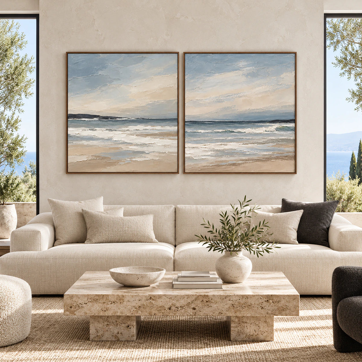 Large straight-on architectural interior with the Shoreline-Drift square diptych in matching walnut frames as the dominant wall feature.