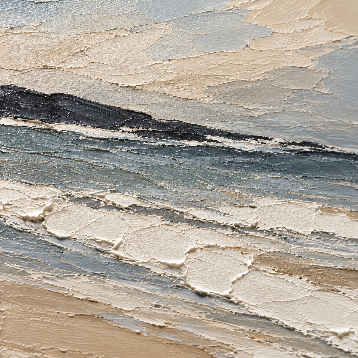 Shoreline-Drift oil painting brushwork and impasto detail photographed from an oblique side angle